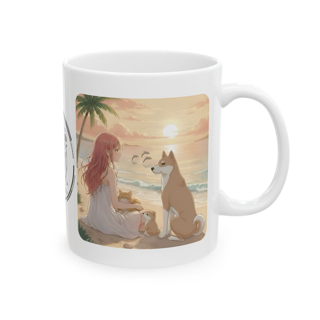 Shiba Inu Dog Orange Cat Sunset & Sunflower White Ceramic Mug — Peaceful Waves Anime Girl Boho Beach Vibes Cup (11oz, 15oz)
