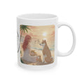 Shiba Inu Dog Orange Cat Sunset & Sunflower White Ceramic Mug — Peaceful Waves Anime Girl Boho Beach Vibes Cup (11oz, 15oz)