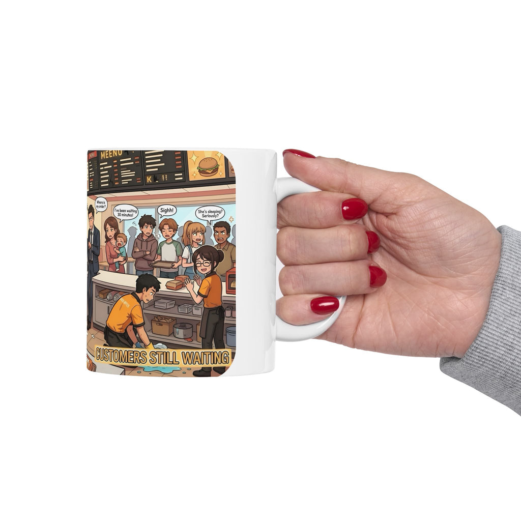 Funny Fast-Food Shift White Ceramic Mug – “Worst Nightmares” Comic Cafe Cup (11oz/15oz)