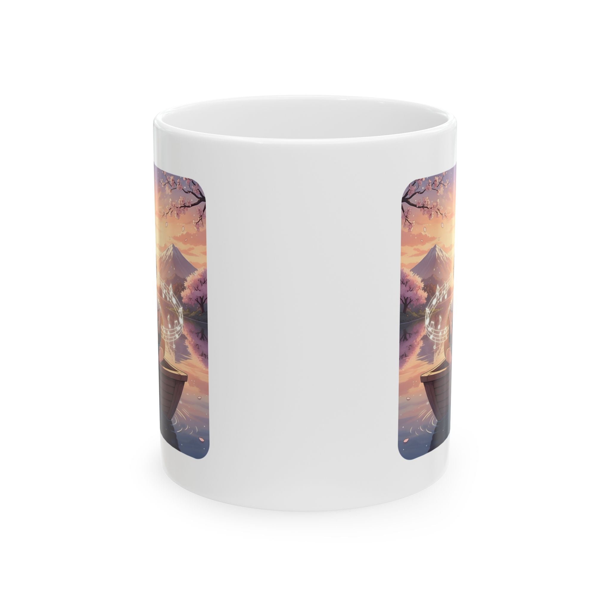 Young Guitarist & Ginger Cat Sunset Lake White Ceramic Mug — Tranquil Nature Musical Companions Cup (11oz, 15oz)