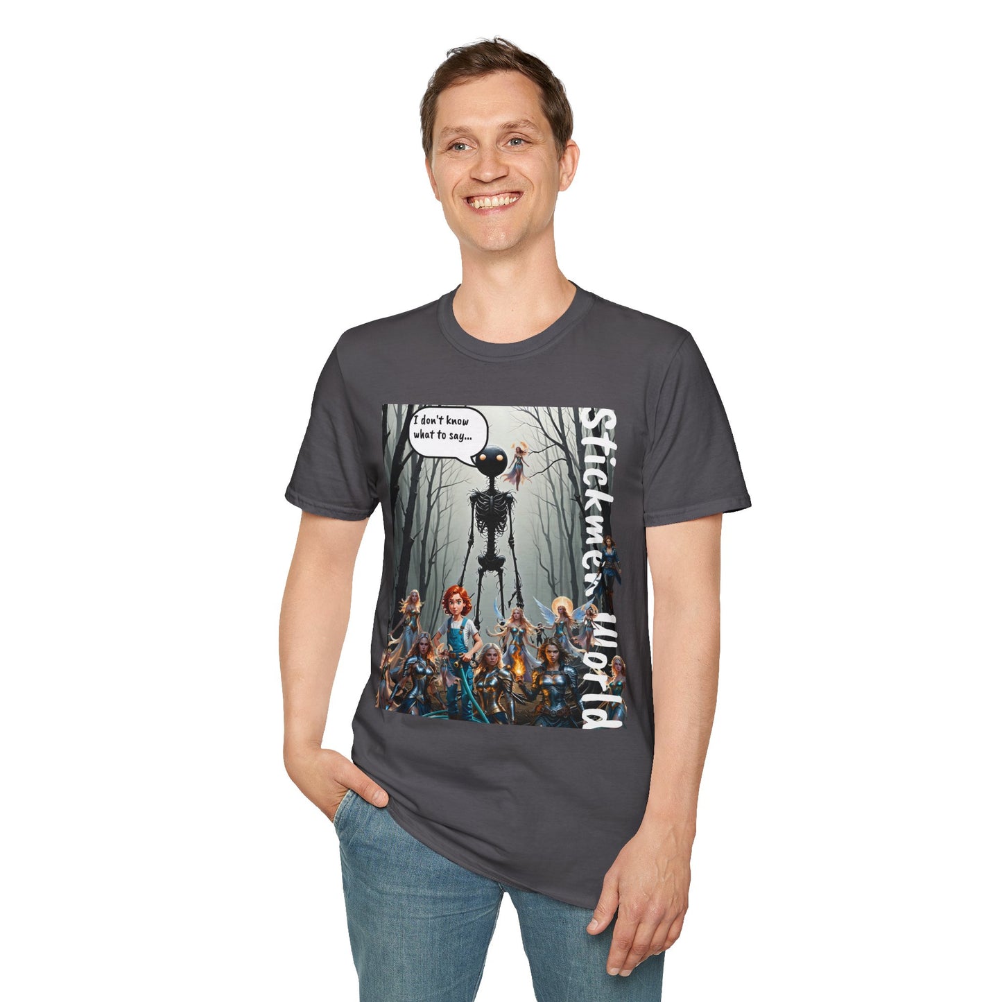 Stickmen World Unisex Softstyle T-Shirt, Fantasy Women Shirt, Warrior Men's Dream Shirt, Heroic Fantasy Shirt, Humorous Tee, Men Love Strong Women, Strong Females Sarcastic Tee