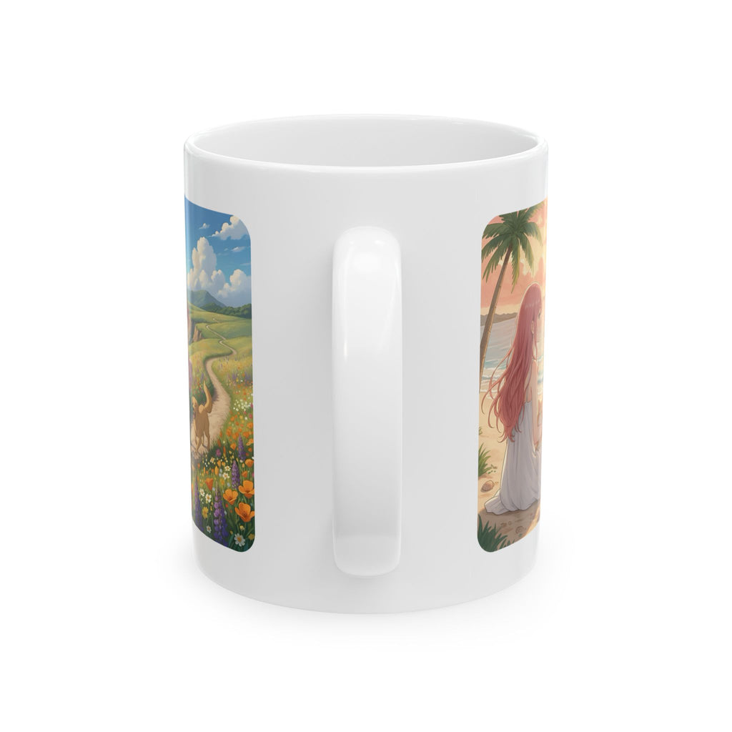 Faithful Friends, Golden Retriever, Orange & White Cats White Ceramic Mug — Calm Lighthouse Reflections Anime Girl Boho Beach Vibes Cup (11oz, 15oz)