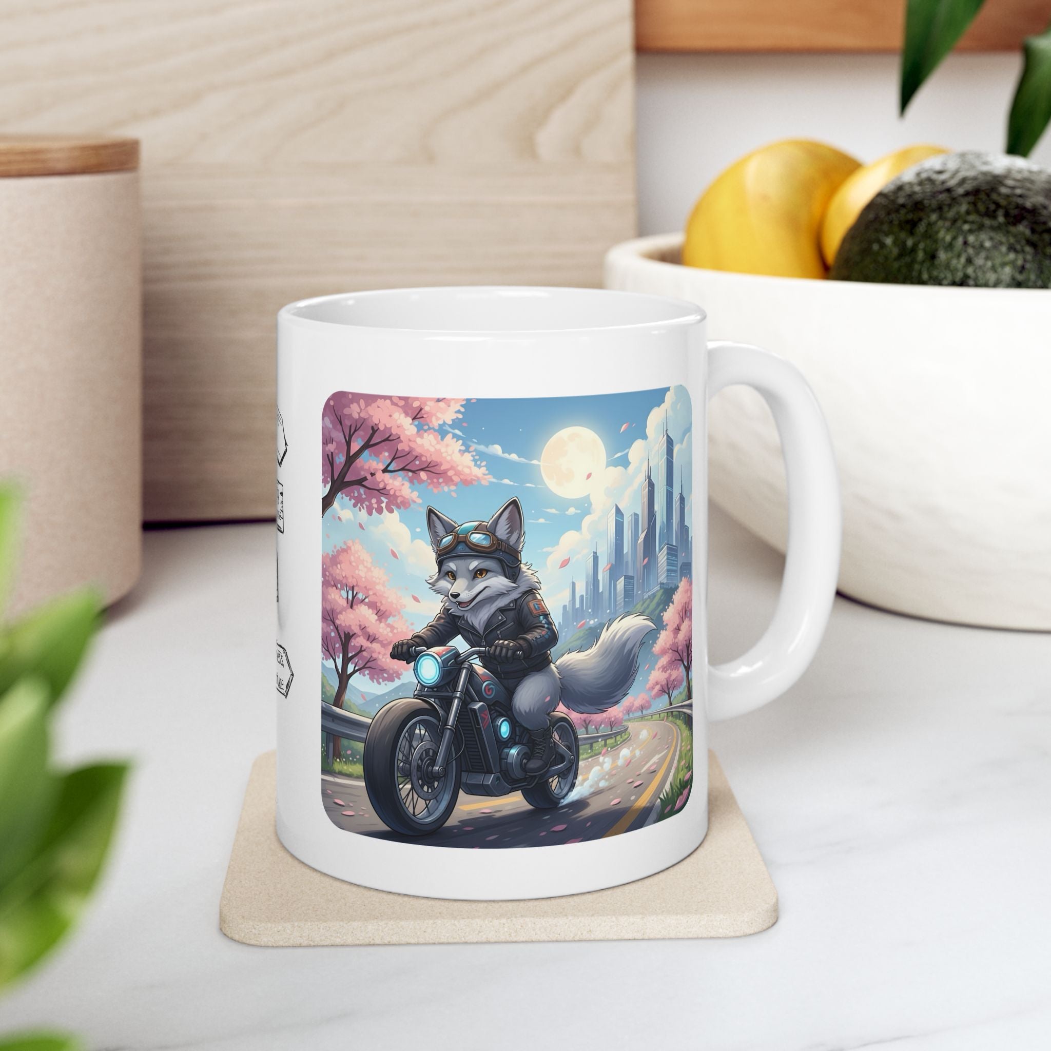 Kawaii Gray Fox Biker Wild & Free White Ceramic Mug — Sip & Ride Fox Moto Joy Cup, 11oz & 15oz