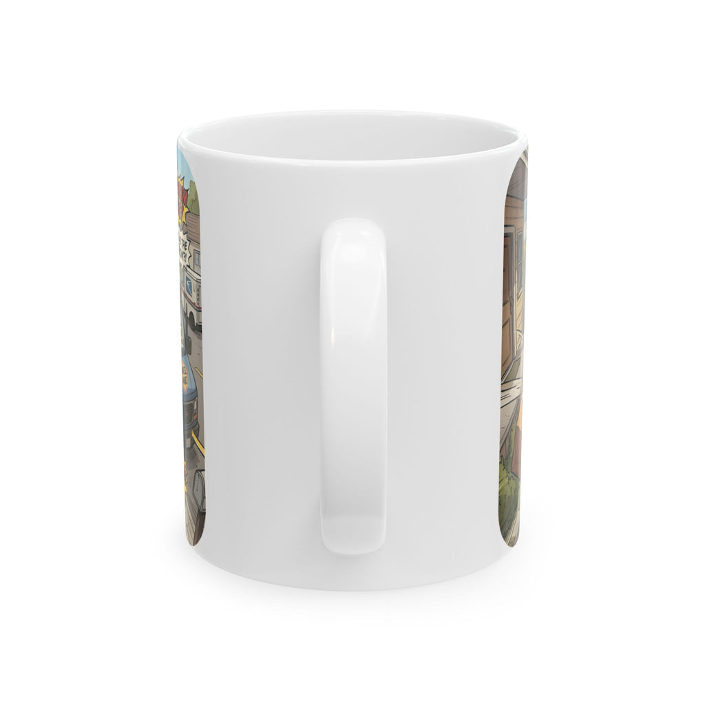 Delivery Worker Tales White Ceramic Mug (11oz/15oz), Relatable Life Snapshot "Gotta Hold It" Cup
