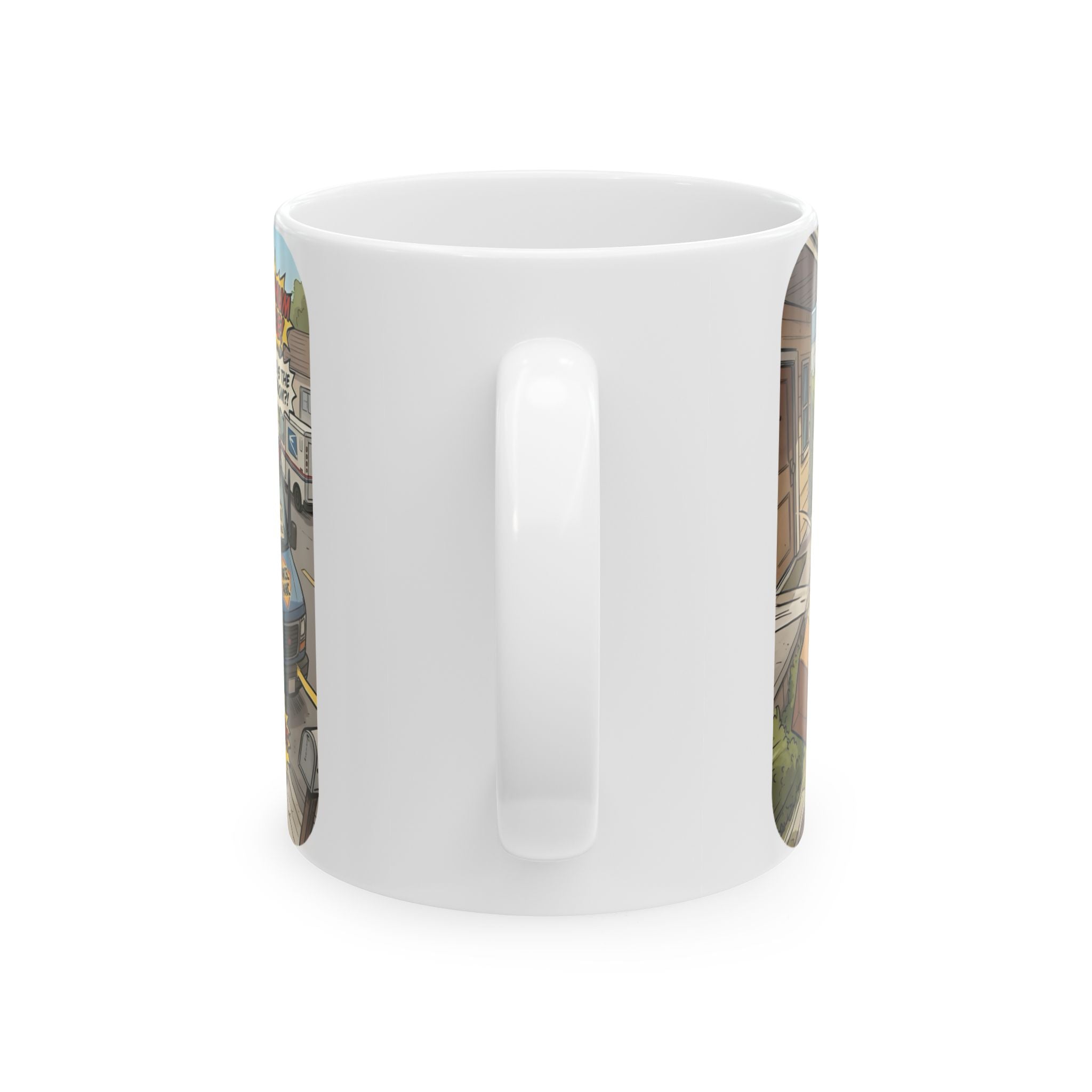 Delivery Worker Tales White Ceramic Mug (11oz/15oz), Relatable Life Snapshot "Gotta Hold It" Cup