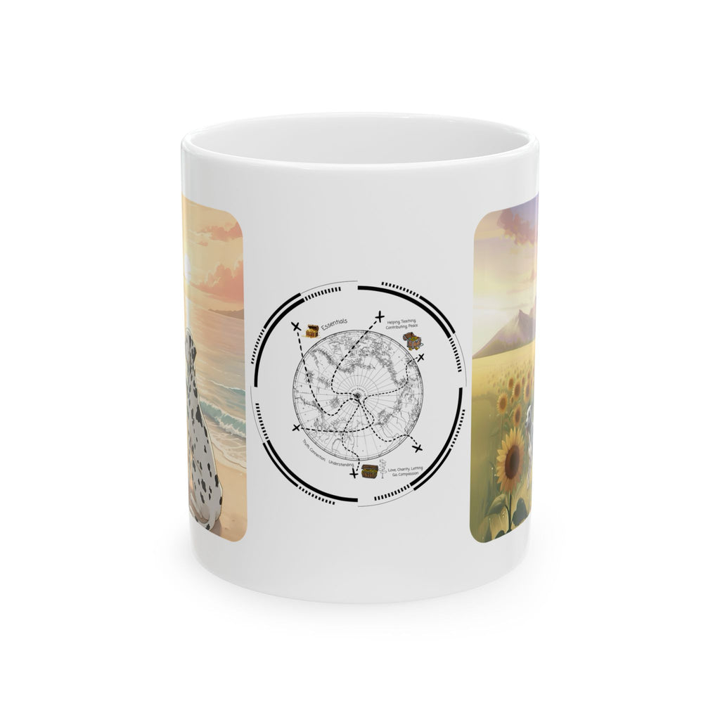 Dalmatian Dog Orange Cat Sunset & Sunflower White Ceramic Mug — Peaceful Waves Anime Girl Boho Beach Vibes Cup (11oz, 15oz)