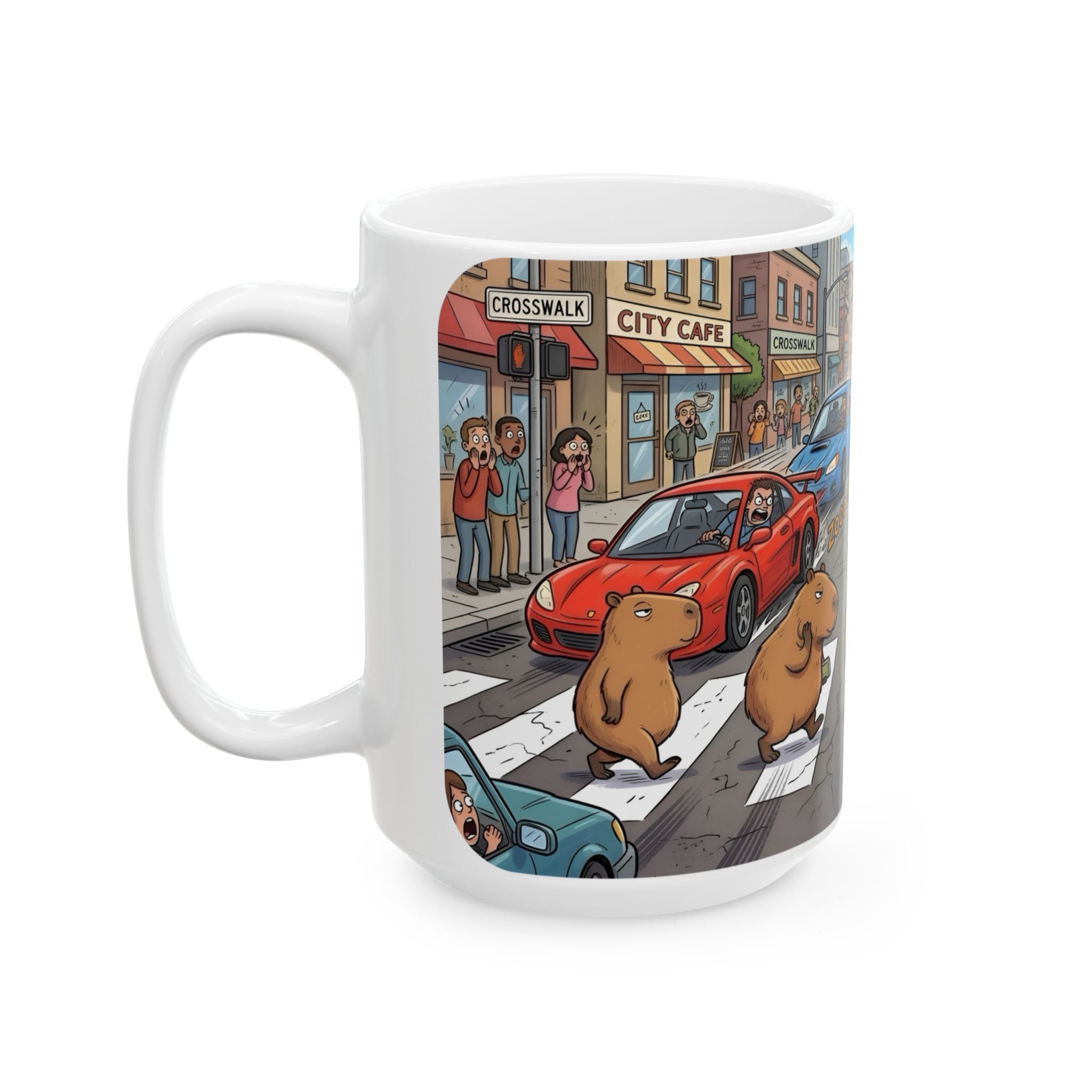 Capybara Abbey Road White Ceramic Mug – Funny Rodent Band Tea Cup (11oz & 15oz)