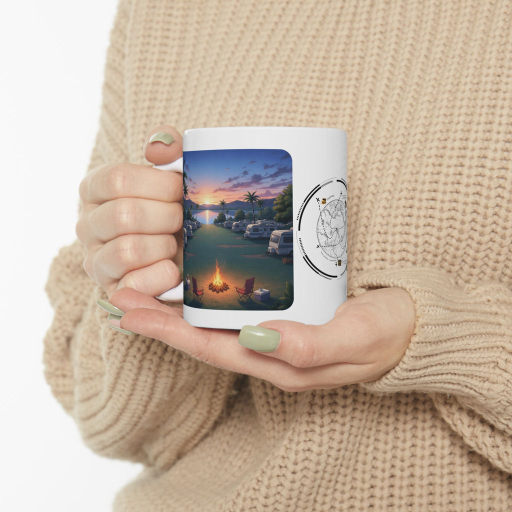 Cozy Sunset Lake Travel Adventure White Ceramic Mug — Vintage Map Compass & Tropical RV Roadtrip Cup (11oz/15oz)