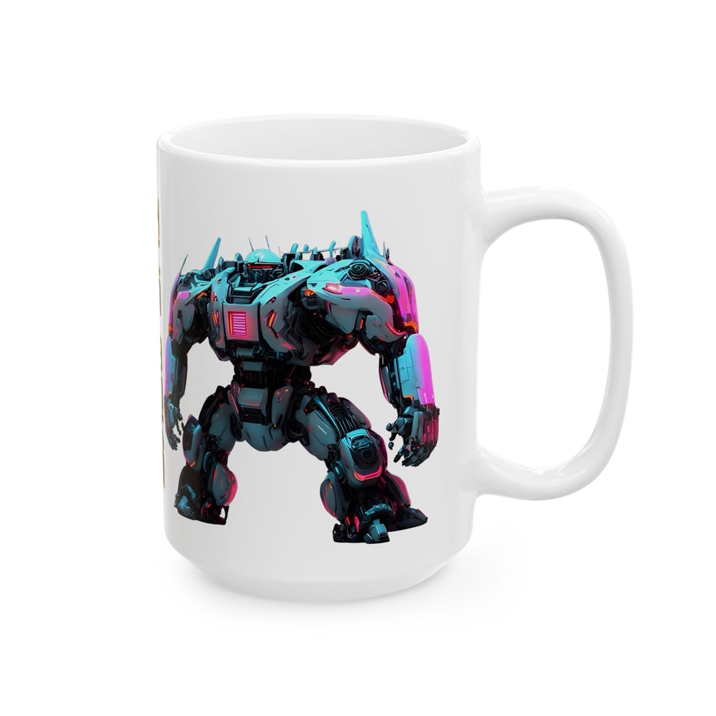'The Meks' Sci‑Fi Mech Robot #7 White Ceramic Mug (11oz & 15oz), Retro Cyberpunk Tea Cup