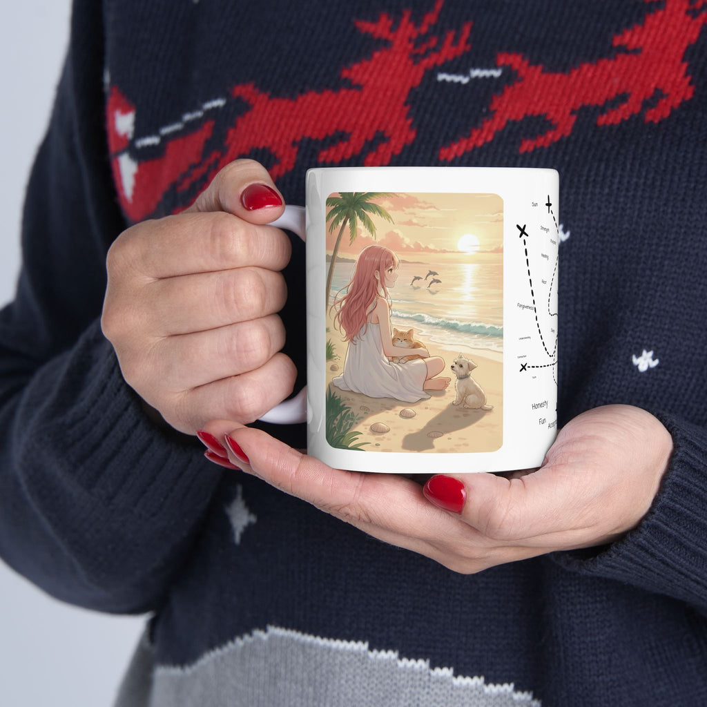 West Highland Terrier Dog, Siamese and Tabby Cats Coastal Decor White Ceramic Mug, Cozy Tropical Seascape Anime Girl Sunset Cup (11oz, 15oz)