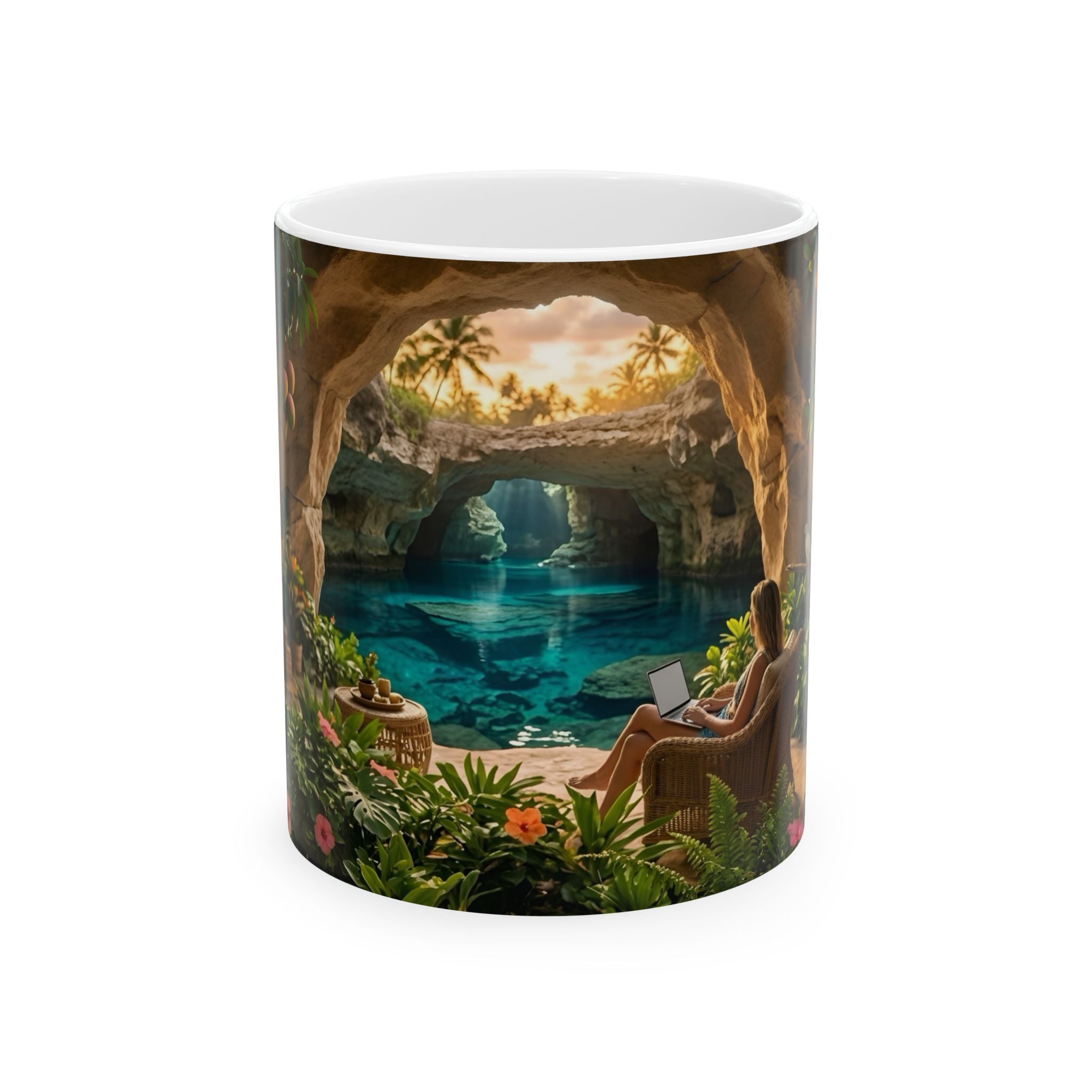 Tropical Cave Paradise White Ceramic Mug,  Relaxing Escape Cup (11 oz, 15 oz)