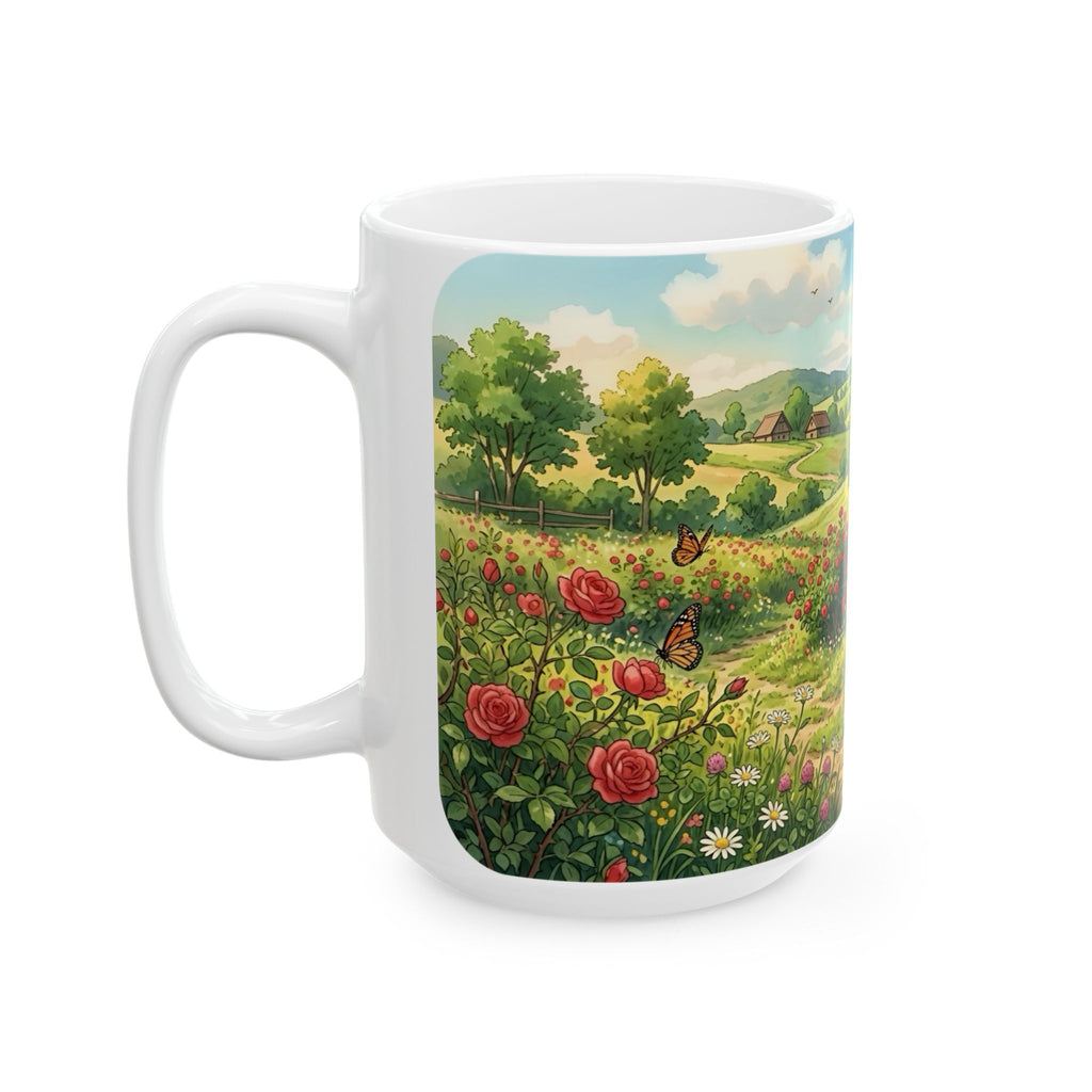 Scenic Countryside White Ceramic Mug — Floral Garden & Butterflies 11oz/15oz