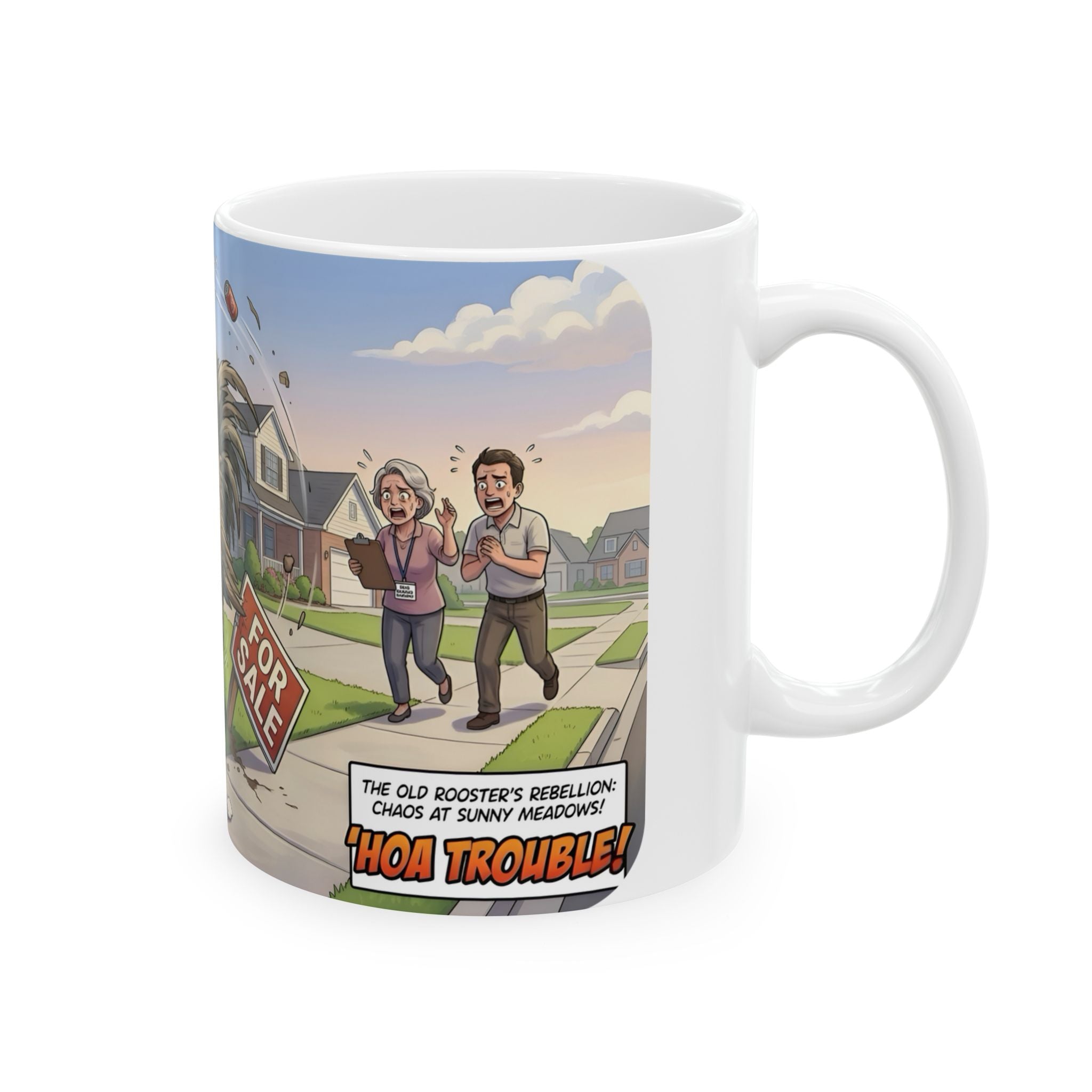 Rooster Rebellion White Ceramic Mug – Funny Morning HOA Trouble Cup (11oz/15oz)