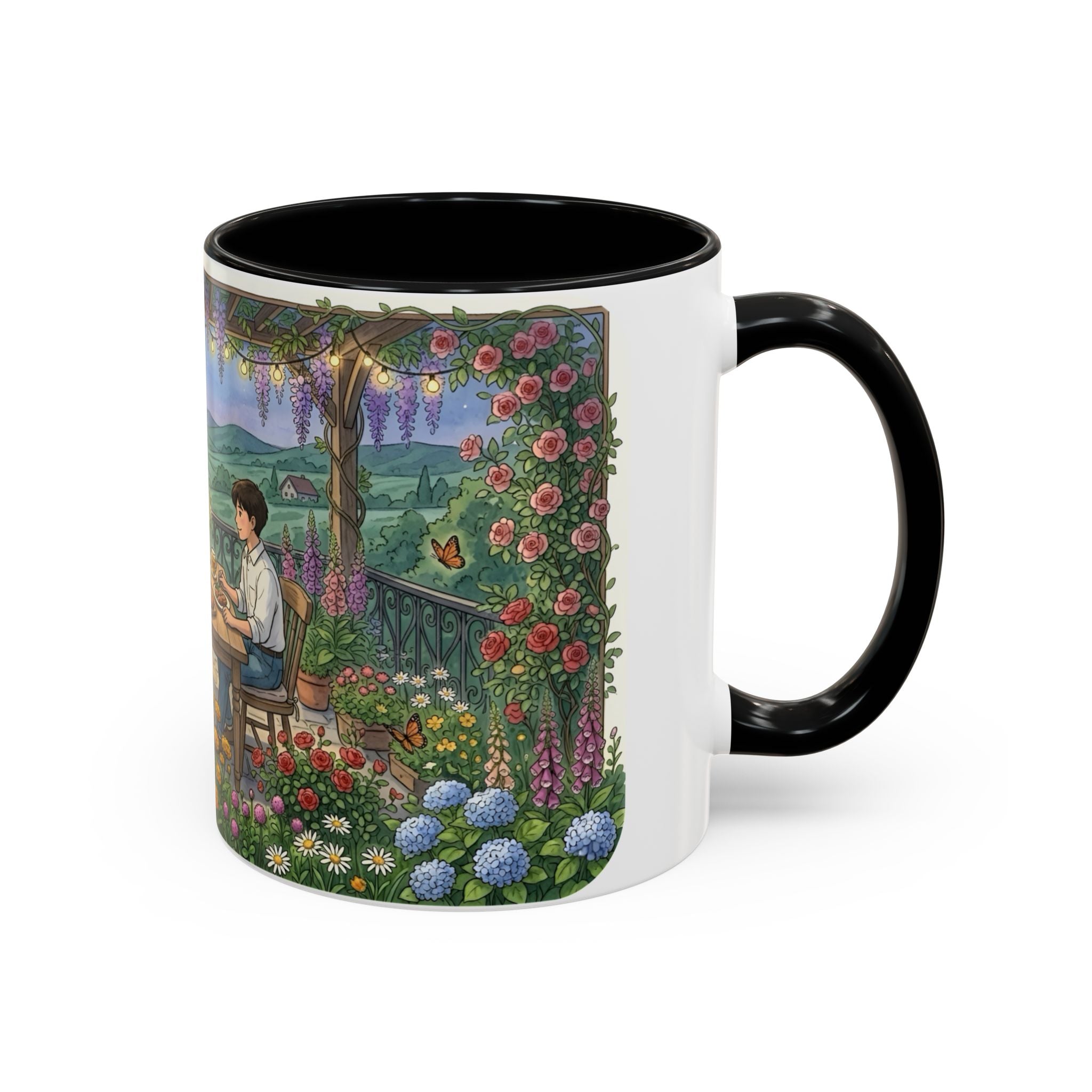 Cozy Romantic Garden Dinner Ceramic Mug — Couples Outdoor Bistro Cup (11 oz, 15 oz)