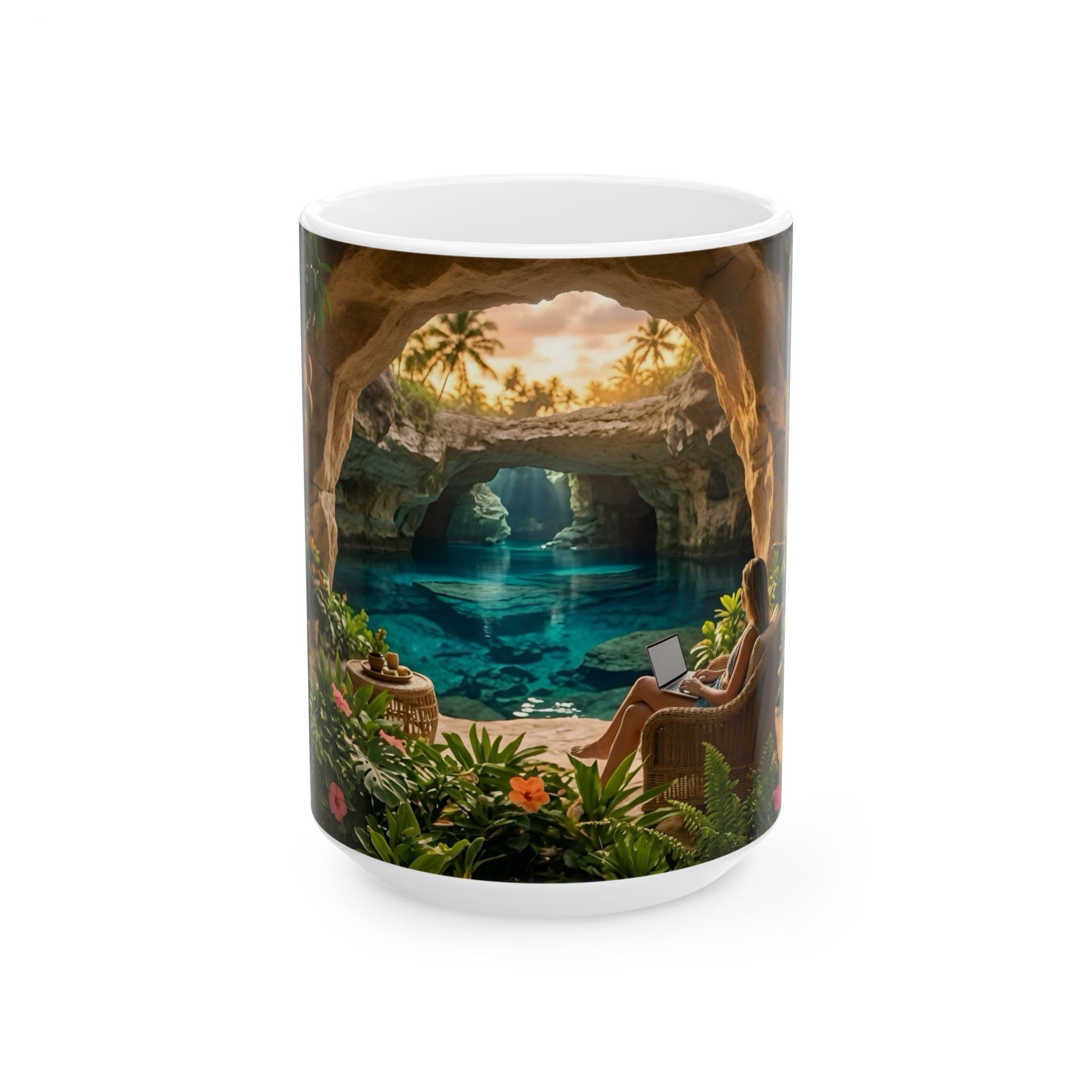Tropical Cave Paradise White Ceramic Mug,  Relaxing Escape Cup (11 oz, 15 oz)