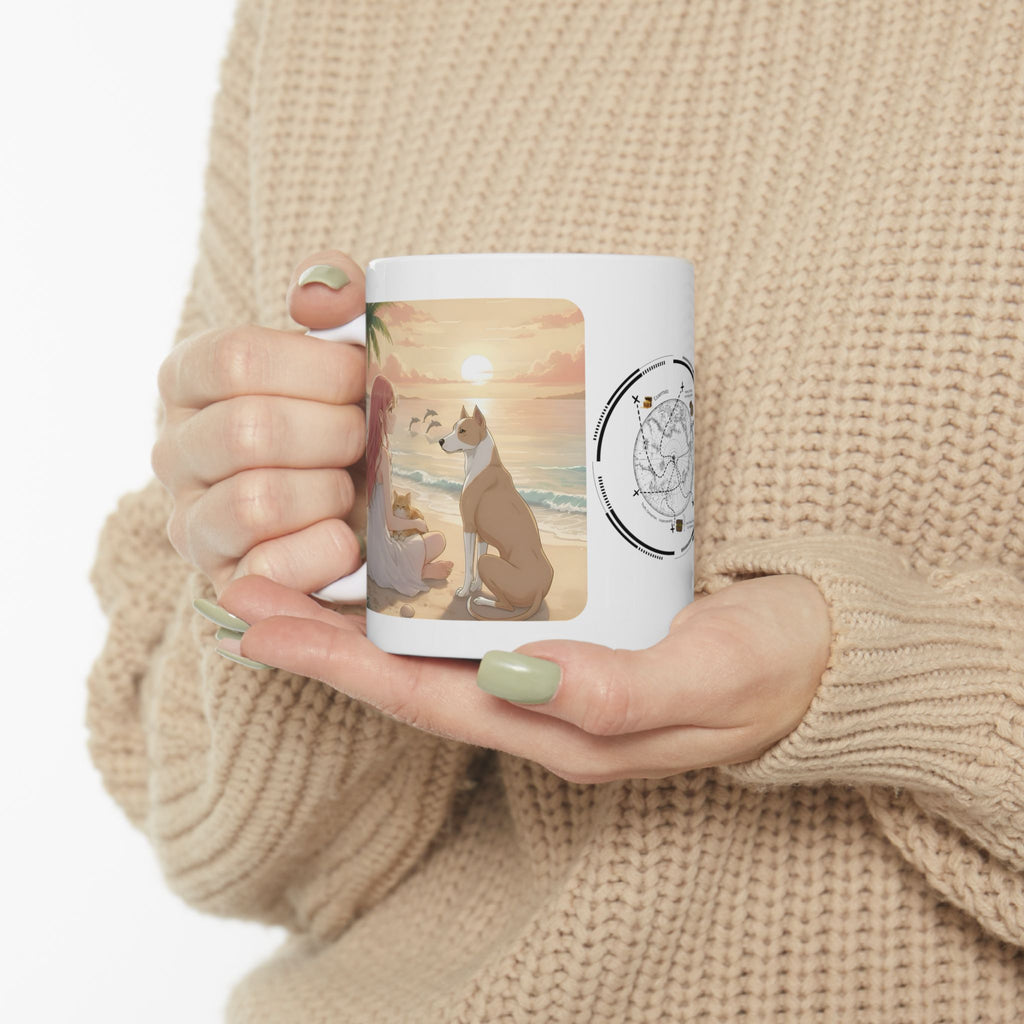 Pitbull Dog Orange Cat Sunset & Sunflower White Ceramic Mug — Peaceful Waves Anime Girl Boho Beach Vibes Cup (11oz, 15oz)