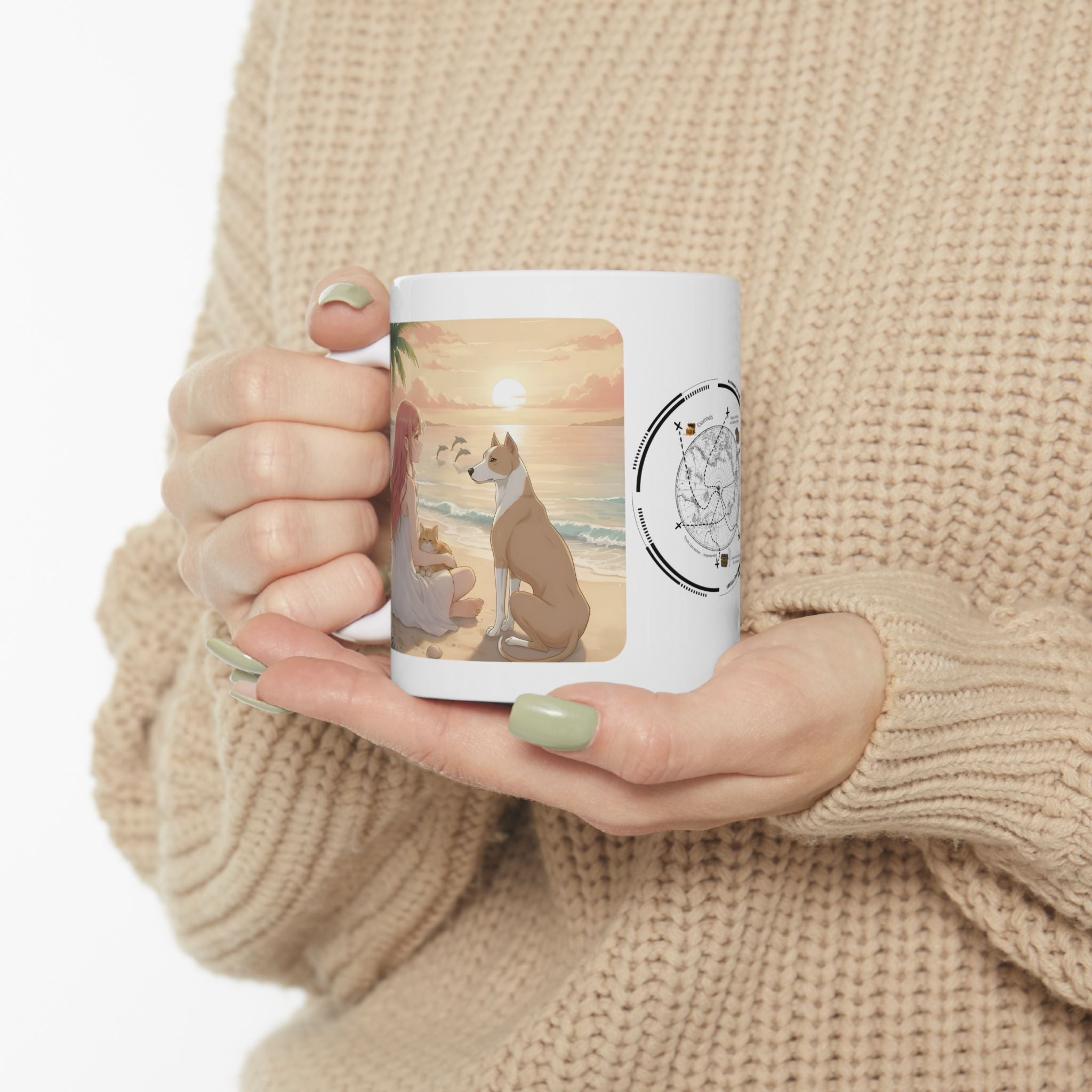Pitbull Dog Orange Cat Sunset & Sunflower White Ceramic Mug — Peaceful Waves Anime Girl Boho Beach Vibes Cup (11oz, 15oz)