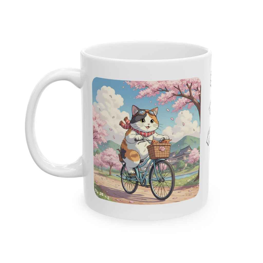 Kawaii Cats Riding Bikes in Sakura Japan White Ceramic Mug — Peaceful River Happy Paws Cup, 11o z & 15oz