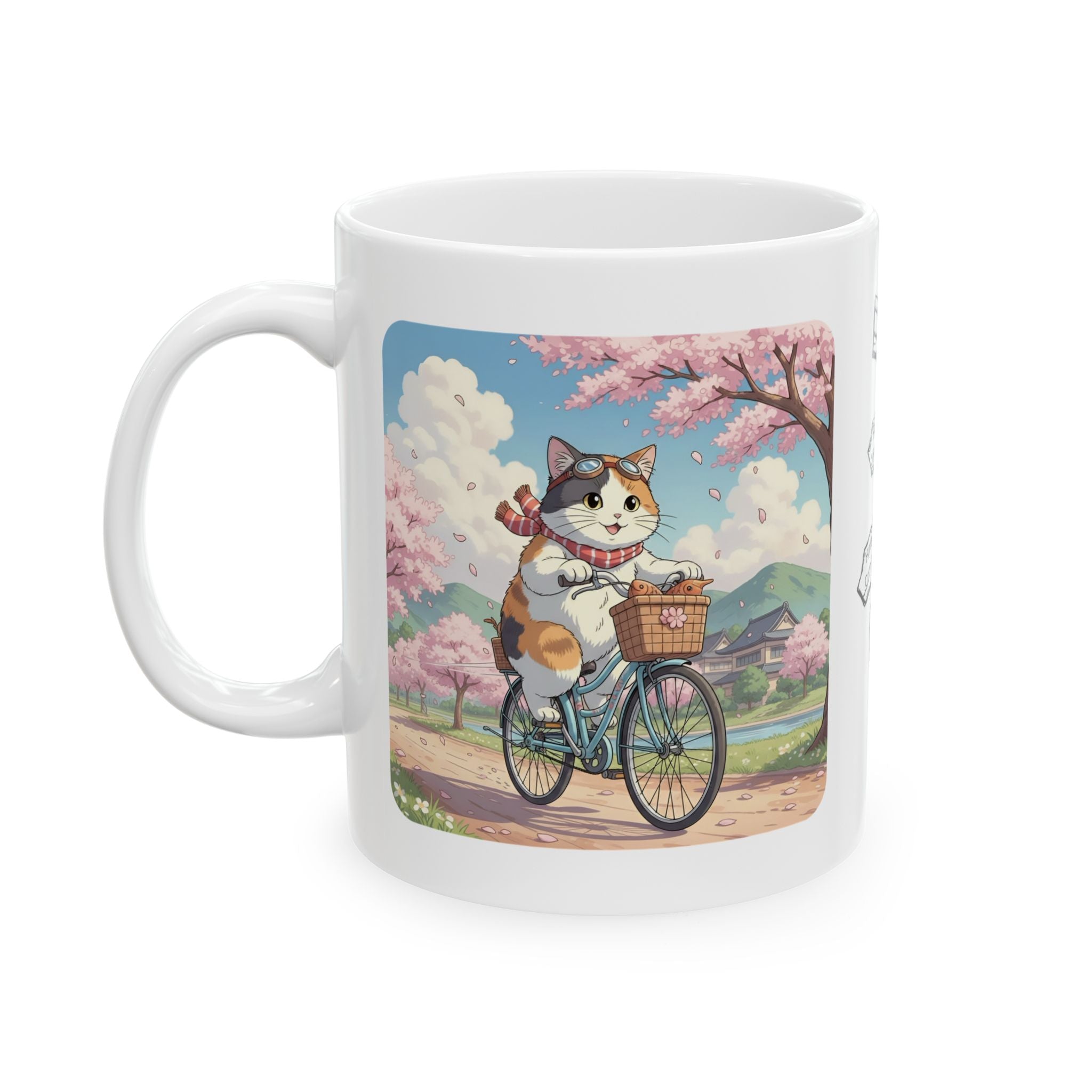 Kawaii Cats Riding Bikes in Sakura Japan White Ceramic Mug — Peaceful River Happy Paws Cup, 11o z & 15oz