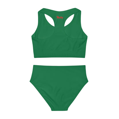 Girl's "Sunny Day" Dark Green Two Piece Swimsuit (AOP)