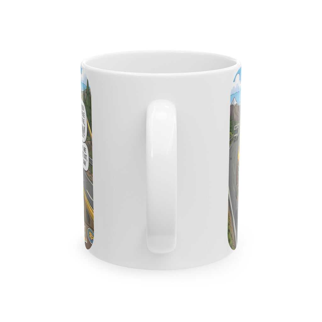 Funny Cat Road Trip White Ceramic Mug — Catnip Kitties Arguing Over Snacks Cup (11oz/15oz)