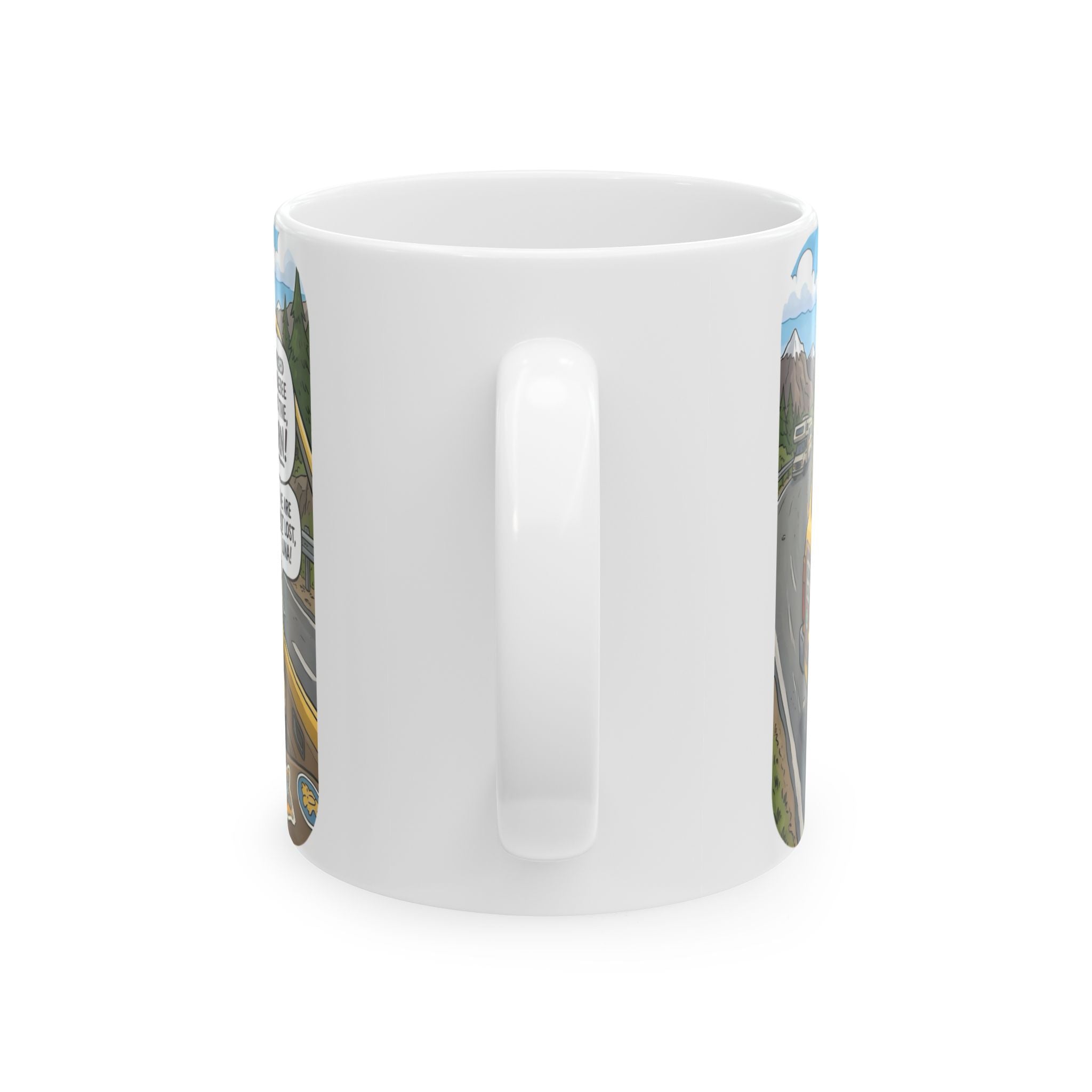 Funny Cat Road Trip White Ceramic Mug — Catnip Kitties Arguing Over Snacks Cup (11oz/15oz)