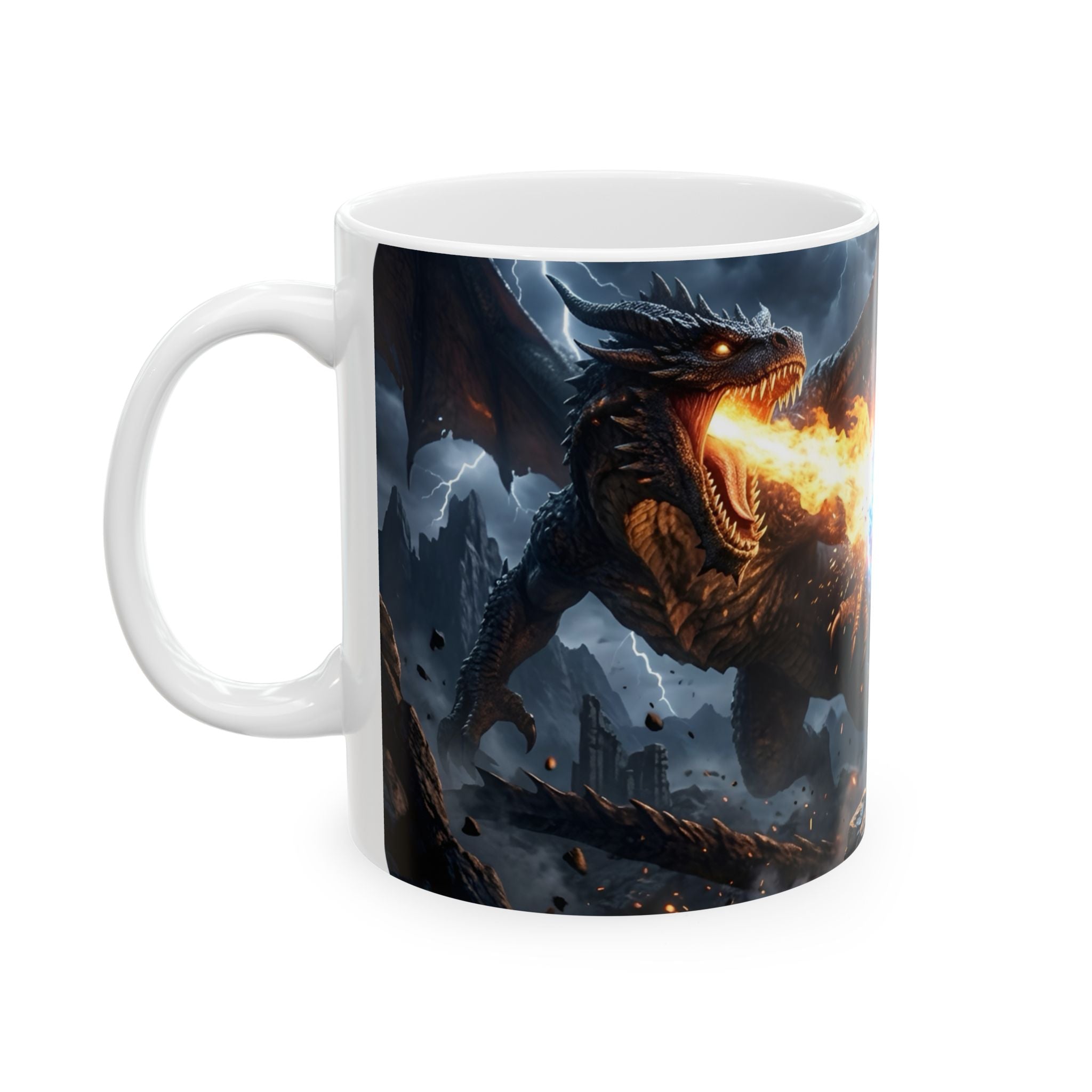 Dragon Battle #1 White Ceramic Mug — Epic Fantasy Gaming Adventure Scene (11oz, 15oz)