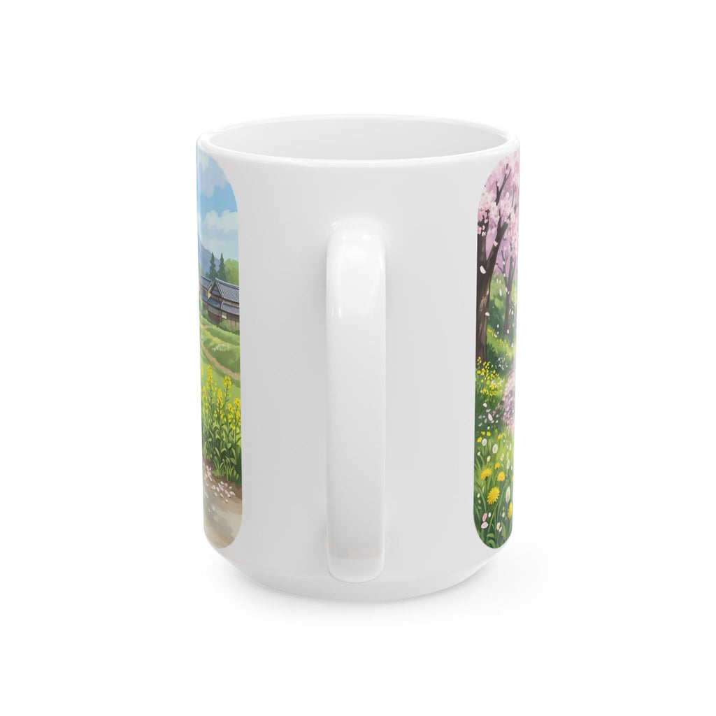 A Quiet Moment of Escape White Ceramic Mug — Sunlit Spring Sakura Cycling Cup (11oz, 15oz)