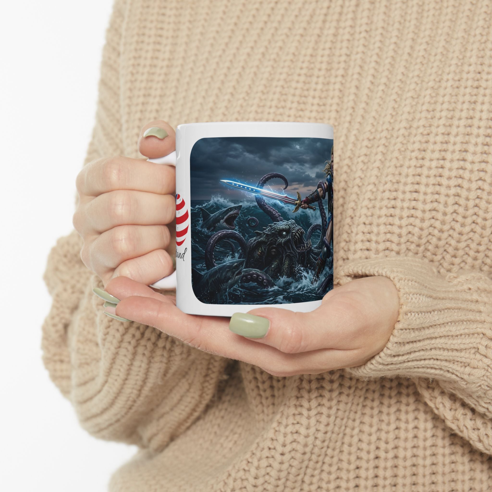 Lady Liberty Unbound #1 White Ceramic Mug — USA Standing Strong Against Darkness Cup