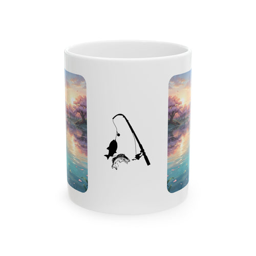 Anime Girl Fishing at Sunset Pier White Ceramic Mug — Spring Blossom Mountain Lakeside Tea Cup (11oz & 15oz)