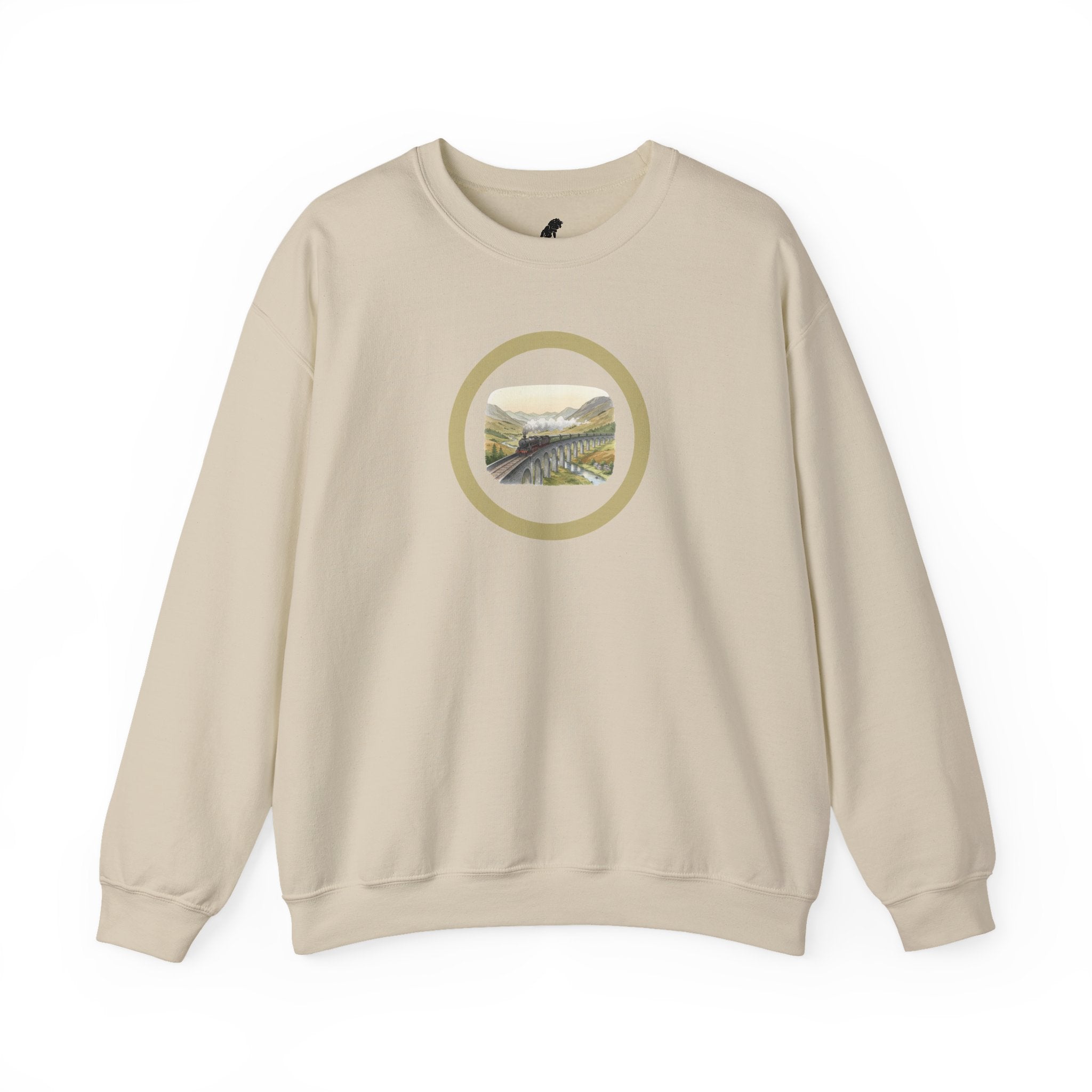 Crewneck Circle Locomotive Sweatshirt — Vintage River Landscape Train