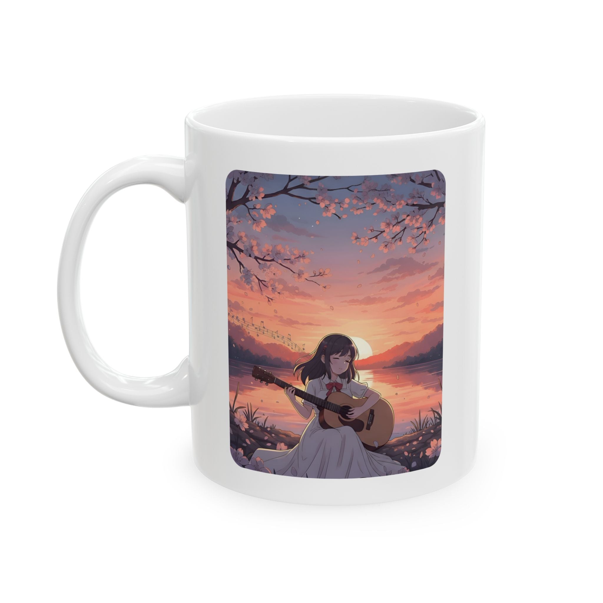 Little Melody Anime Sunset Reflections White Ceramic Mug — Scenic Cherry Blossom Mountain Lake Guitar Cup (11oz, 15oz)