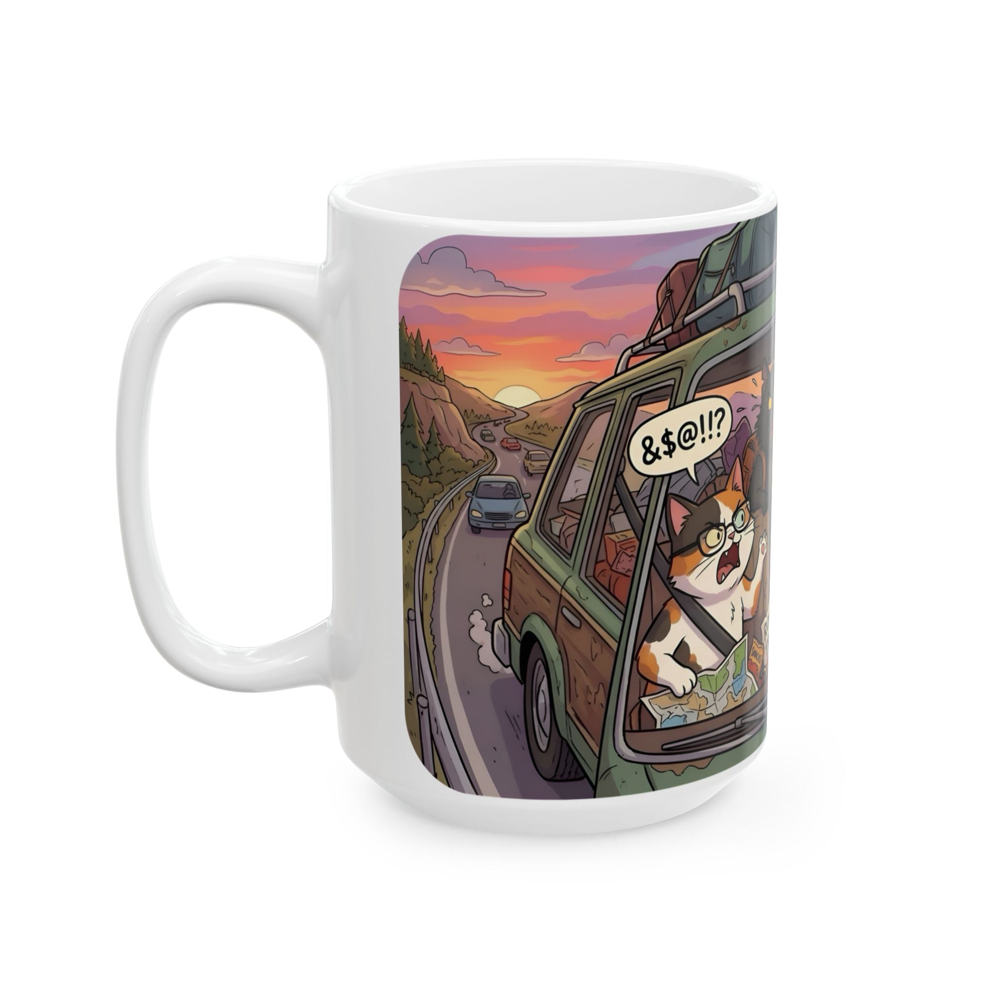 Squabbling Cats On A Road Trip White Ceramic Mug (11oz/15oz), Funny Cat'n Get Along Cup