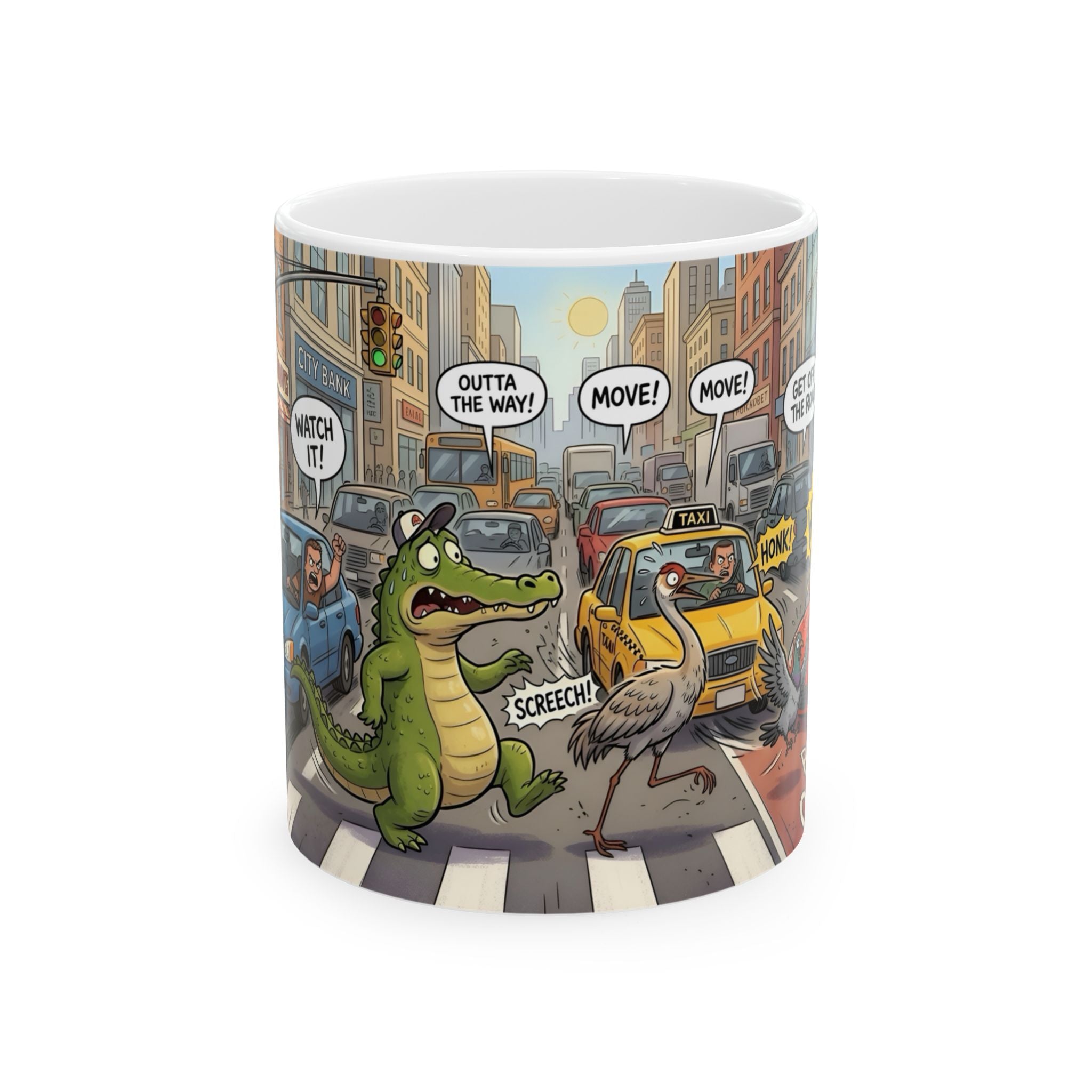 Gator, Crane, and Pidgeon Crossing White Ceramic Mug — Alligator & Bird Traffic Jam Cup (11 oz, 15 oz)