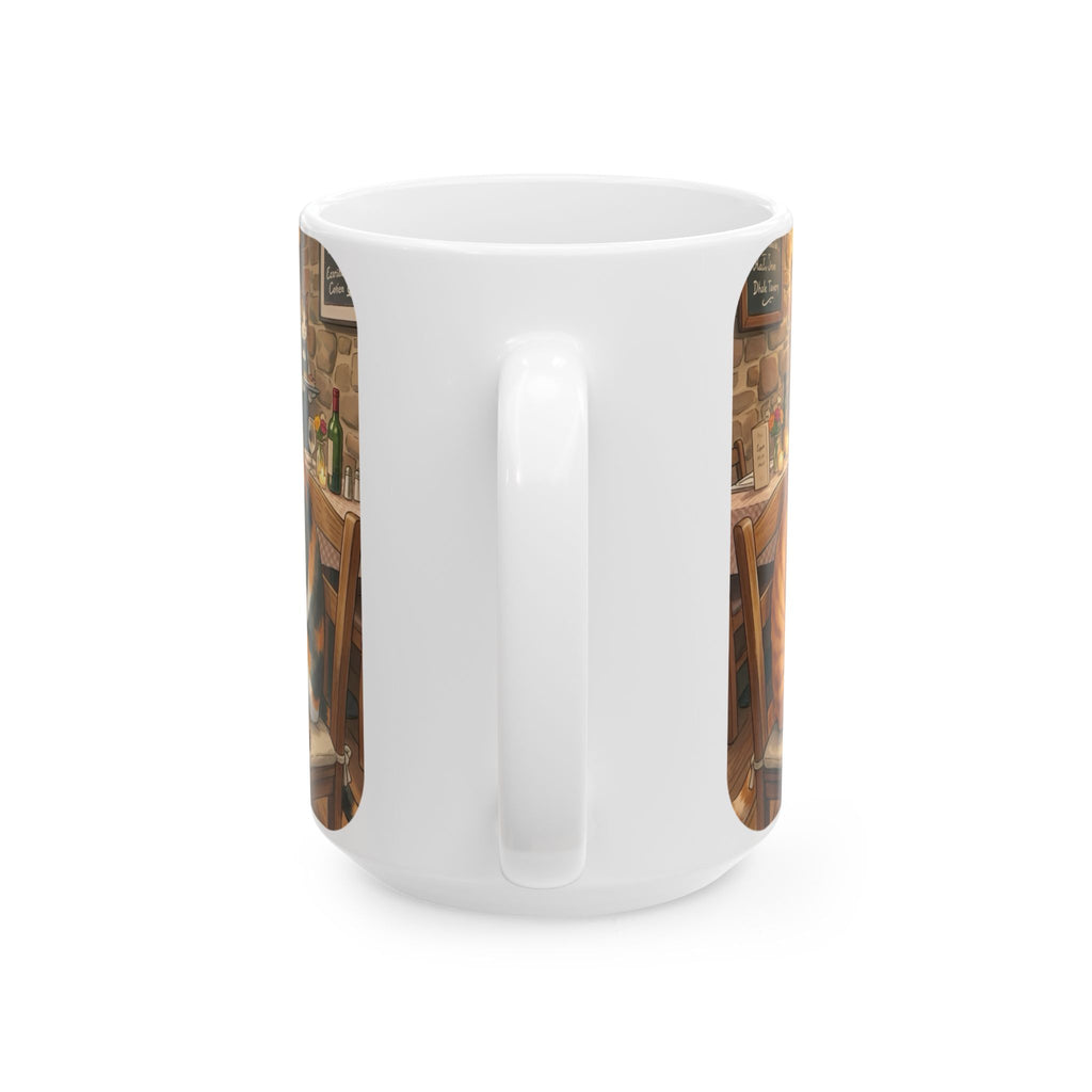 Cat Ghibli Whisker Bistro White Ceramic Mug — Cozy Feline Tapas Cafe Cup (11oz/15oz)