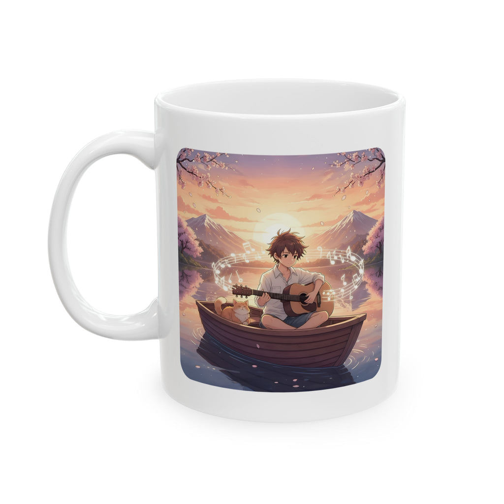 Young Guitarist & Ginger Cat Sunset Lake White Ceramic Mug — Tranquil Nature Musical Companions Cup (11oz, 15oz)