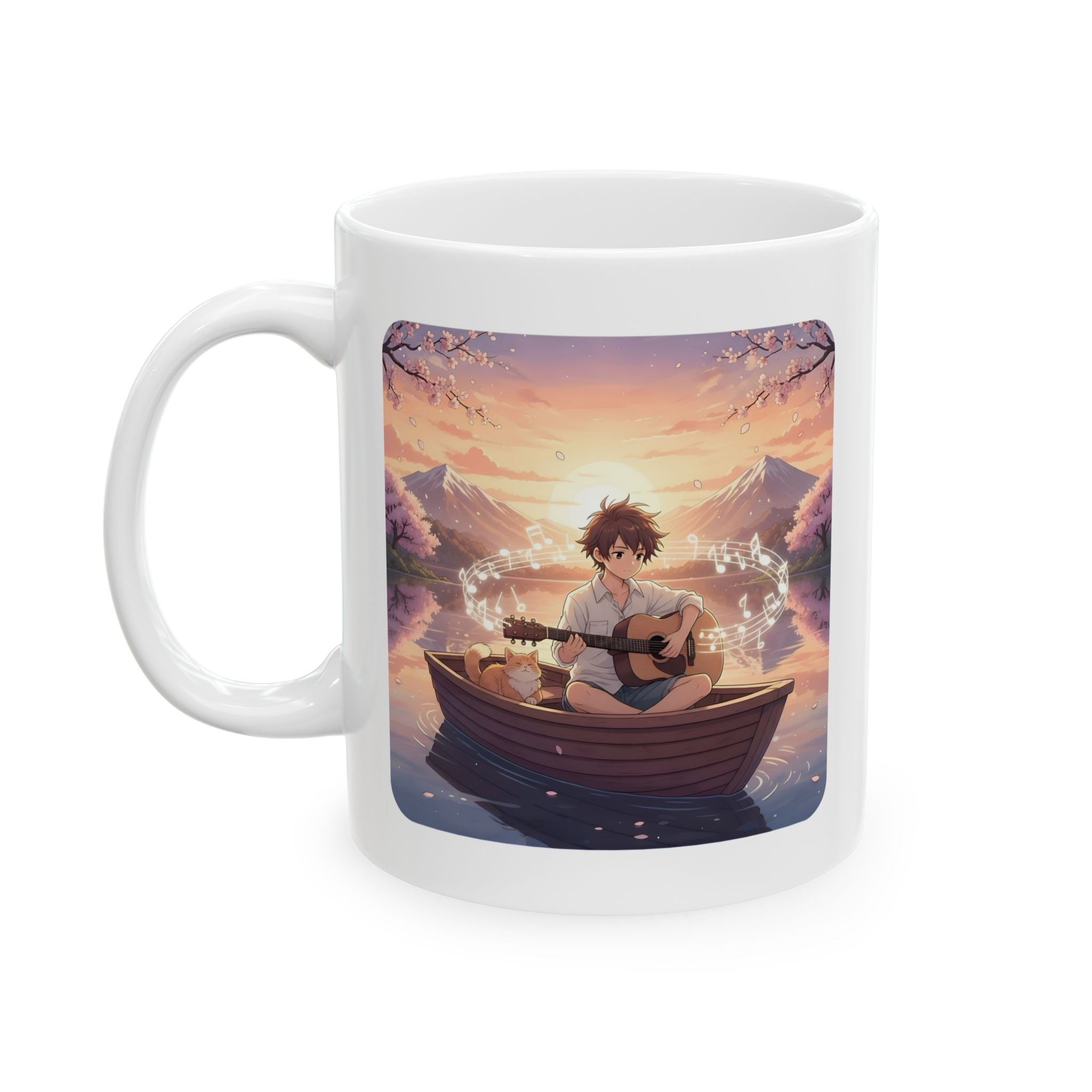 Young Guitarist & Ginger Cat Sunset Lake White Ceramic Mug — Tranquil Nature Musical Companions Cup (11oz, 15oz)