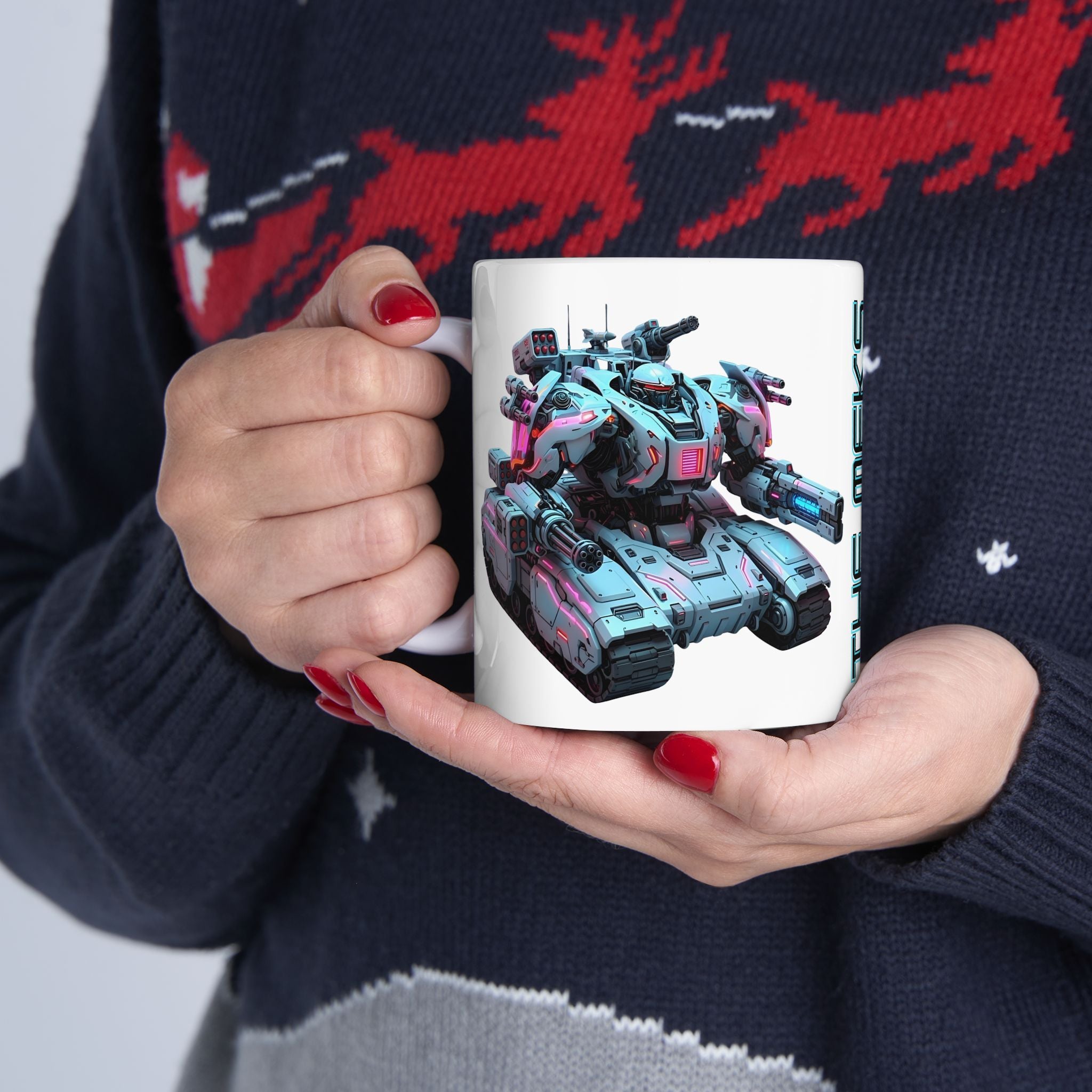 'The Meks' Sci‑Fi Mech Robot #7 White Ceramic Mug (11oz & 15oz), Retro Cyberpunk Tea Cup