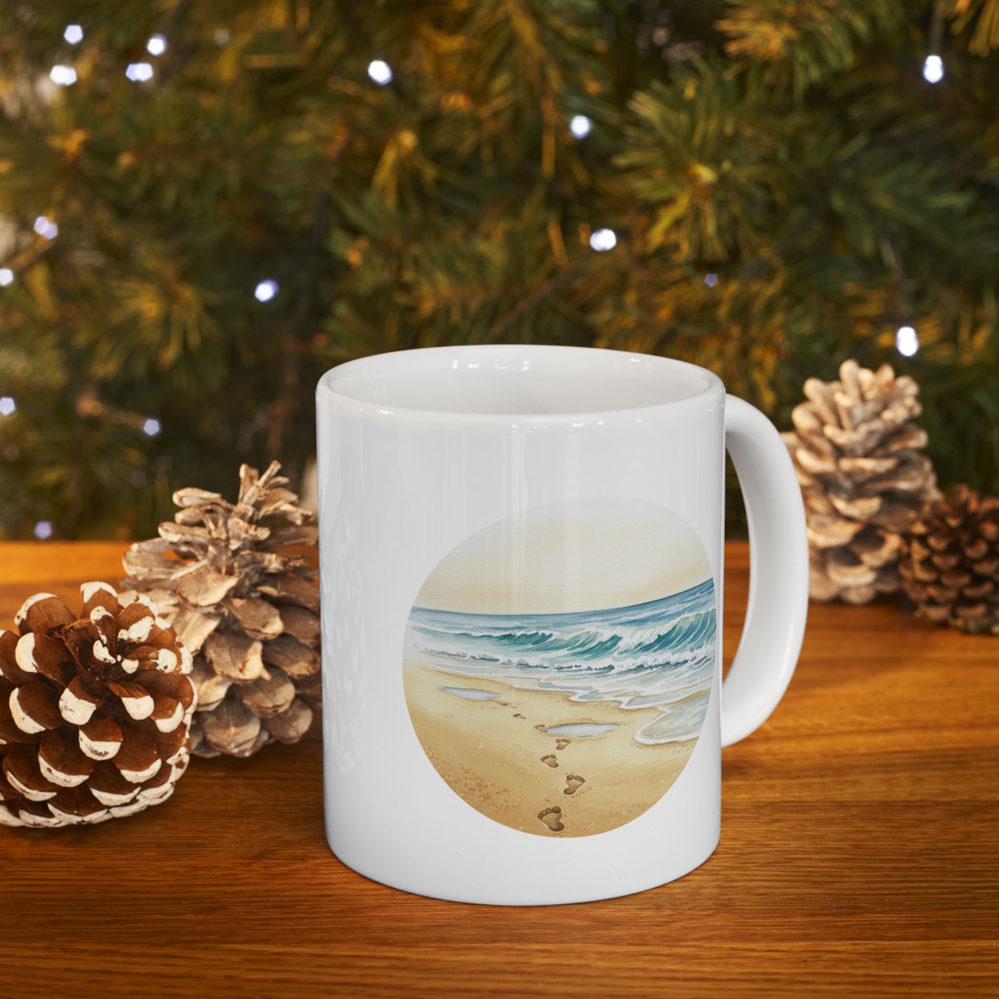 Sea Shore With Footprints In The Sand White Ceramic Mug — Beach Waves Getaway To Tranquility (11oz & 15oz)