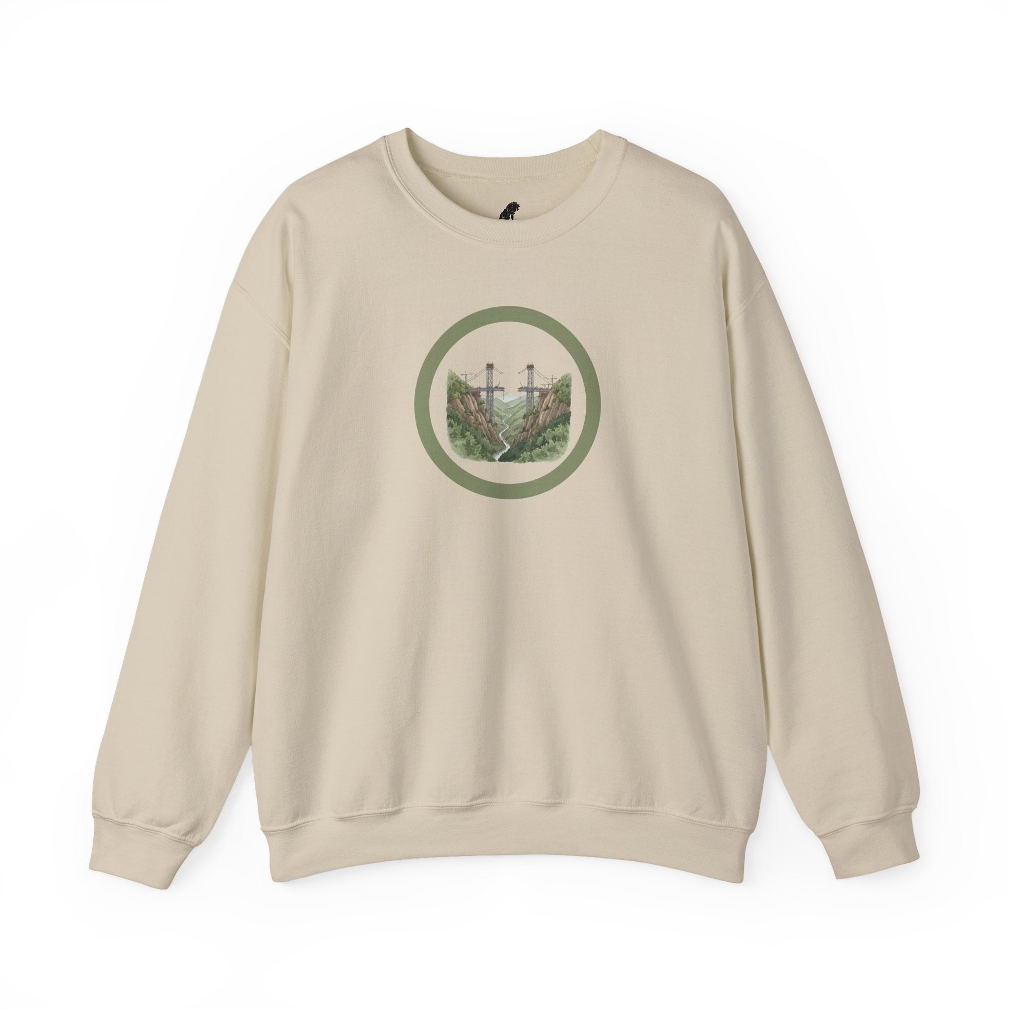 Bridge Building Circular Crewneck Sweatshirt — Mountain Nature Trail View Adventure Sweater