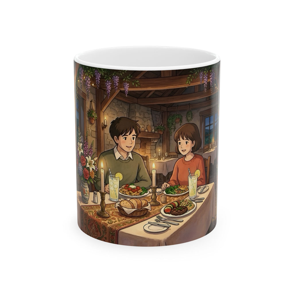 Cozy Candlelit Dinner White Ceramic Mug — Romantic Couple Cottage Cup (11oz & 15oz)