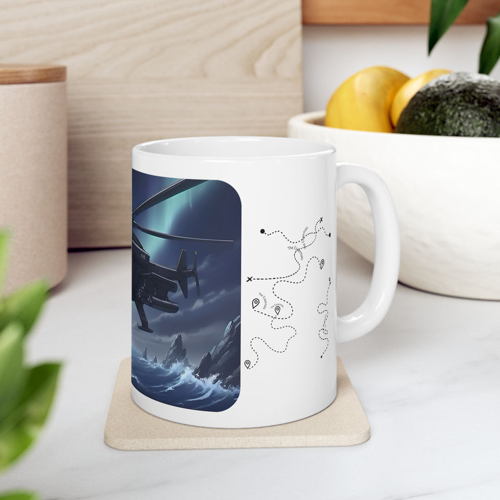 Touring Heli Under Aurora Borealis Northern Lights White Ceramic Mug – Friends, Family & Imaginative Adventures, Celebrating Companionship, Creativity & Life’s Little Wonders Cup (11oz/15oz)