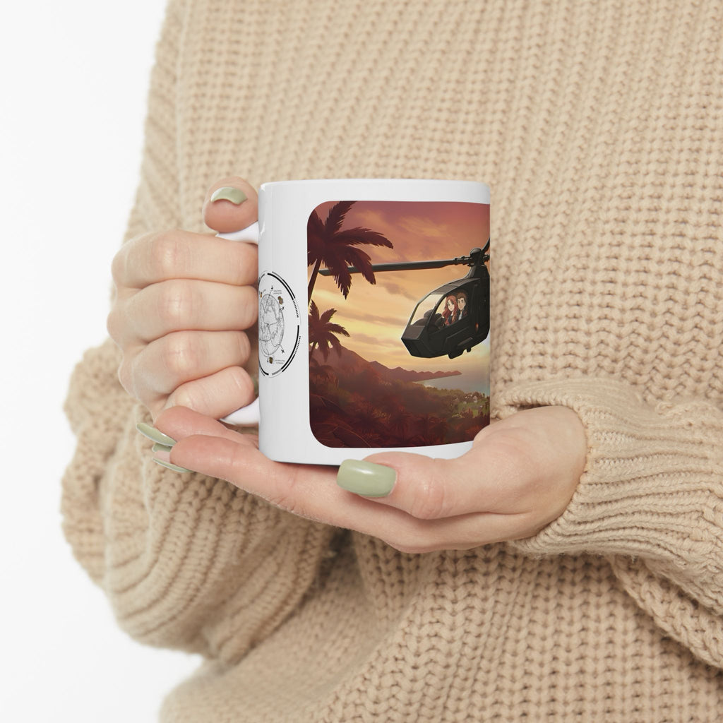 Anime Helicopter Adventure #2 Sunset Beach White Ceramic Mug – Celebrating Companionship, Creativity & Life’s Little Wonders Cup (11oz/15oz)