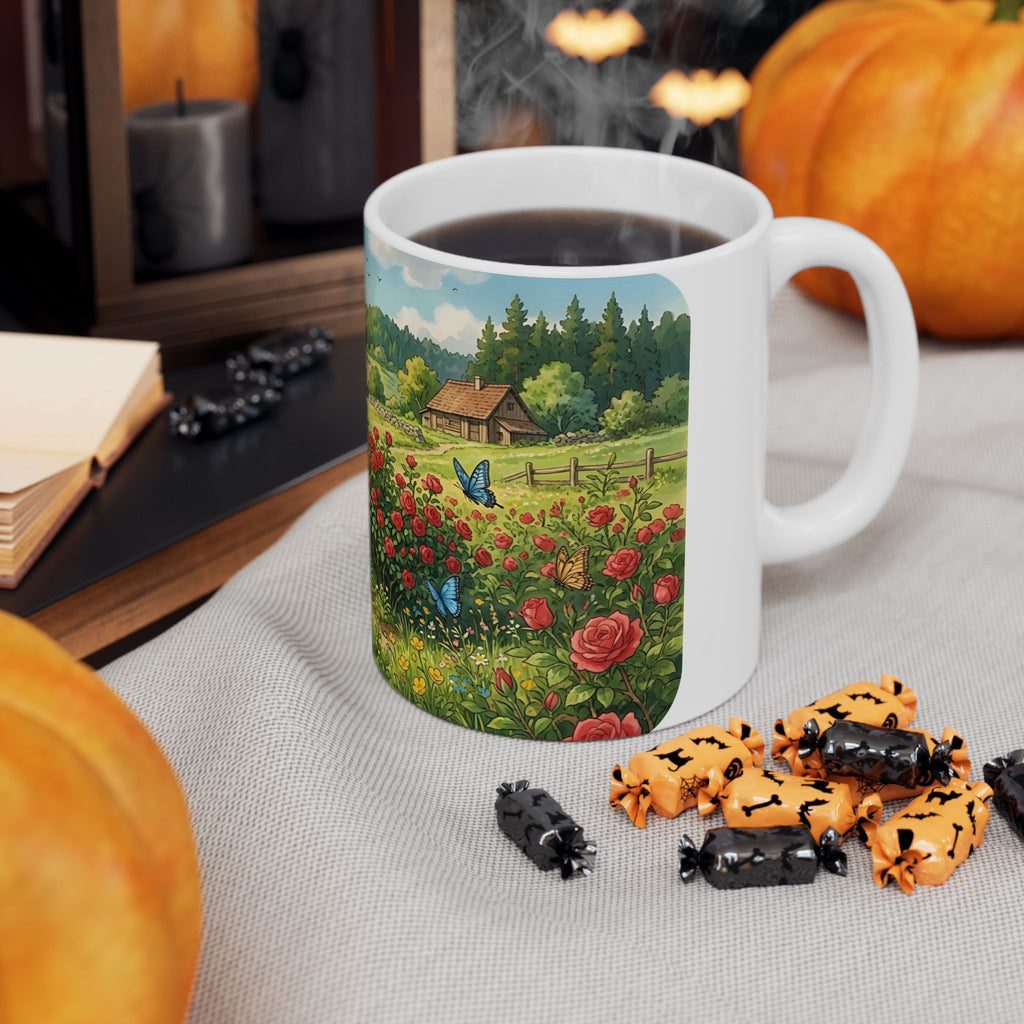 Scenic Countryside White Ceramic Mug — Floral Garden & Butterflies 11oz/15oz