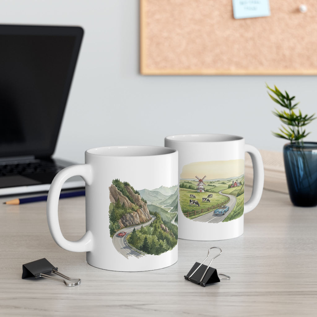 Scenic Convertible Countryside Drive White Ceramic Mug (11oz, 15oz), Relaxing and Cozy Open Road Mountain Getaway Cup