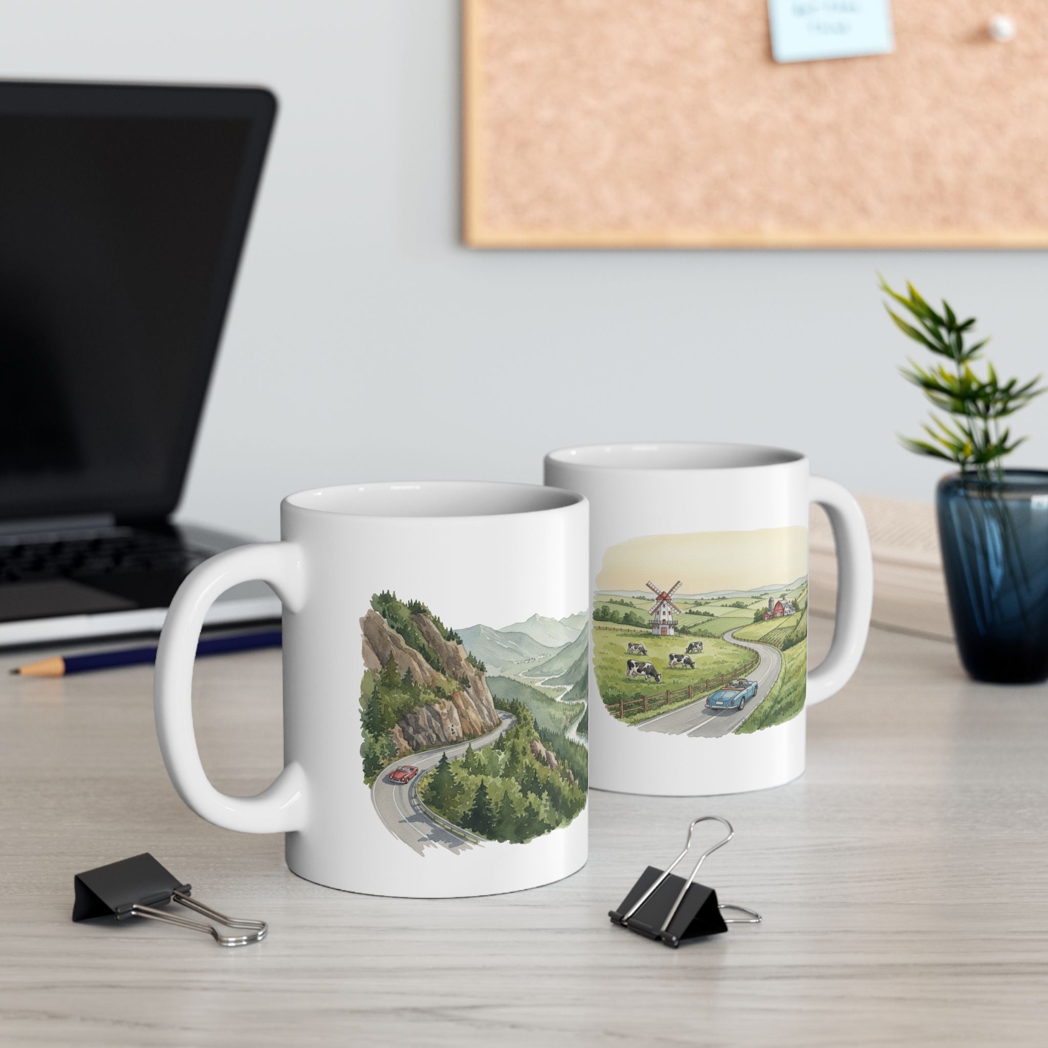 Scenic Convertible Countryside Drive White Ceramic Mug (11oz, 15oz), Relaxing and Cozy Open Road Mountain Getaway Cup