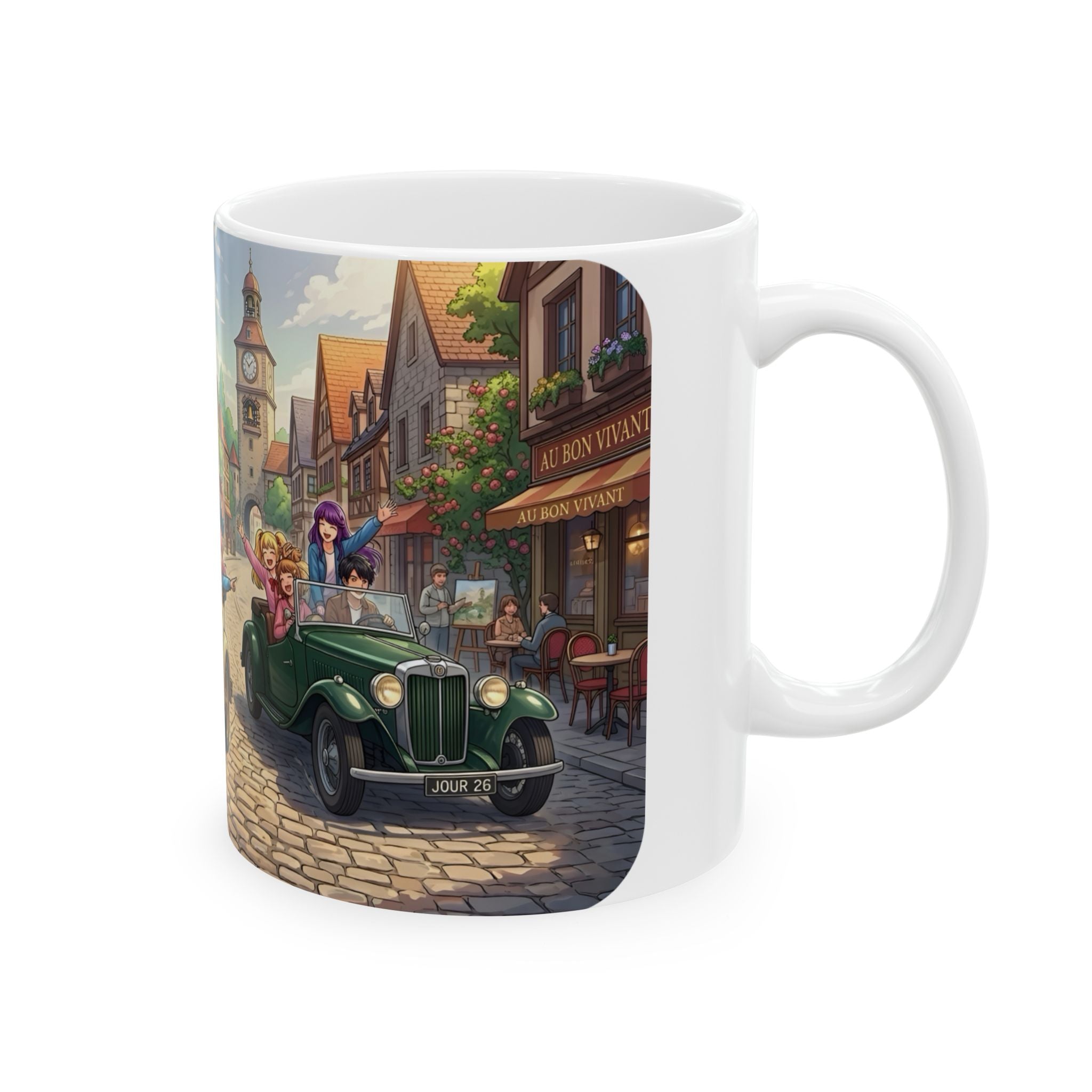 Vintage Village Roadtrip #1 White Ceramic Mug — Classic Cars & Happy Town Friends Cup (11oz, 15oz)