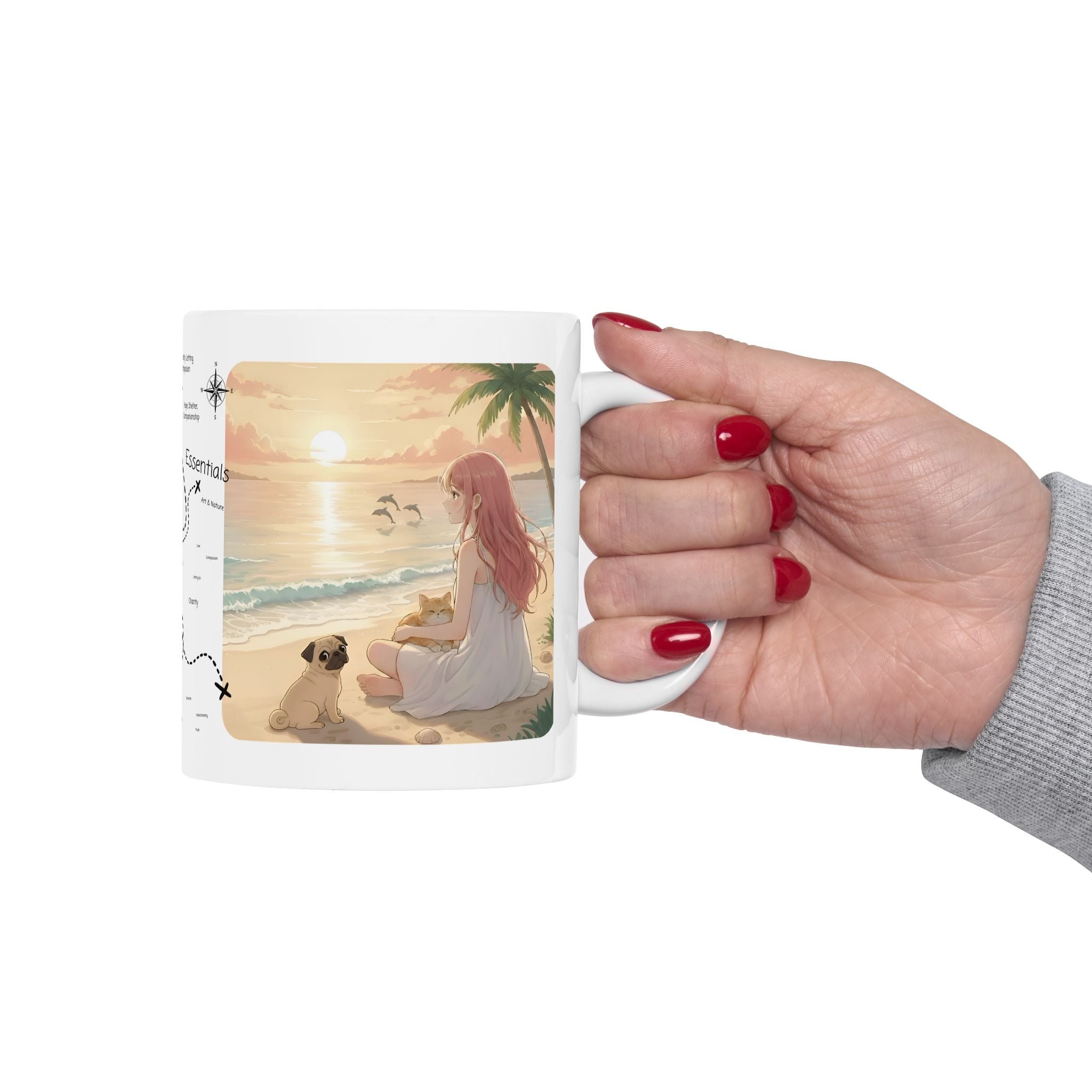 Cute French Bulldog, Pug & Orange Cat Coastal Vibe White Ceramic Mug, Cozy Sunset Seascape Anime Girl Cup (11oz, 15oz)
