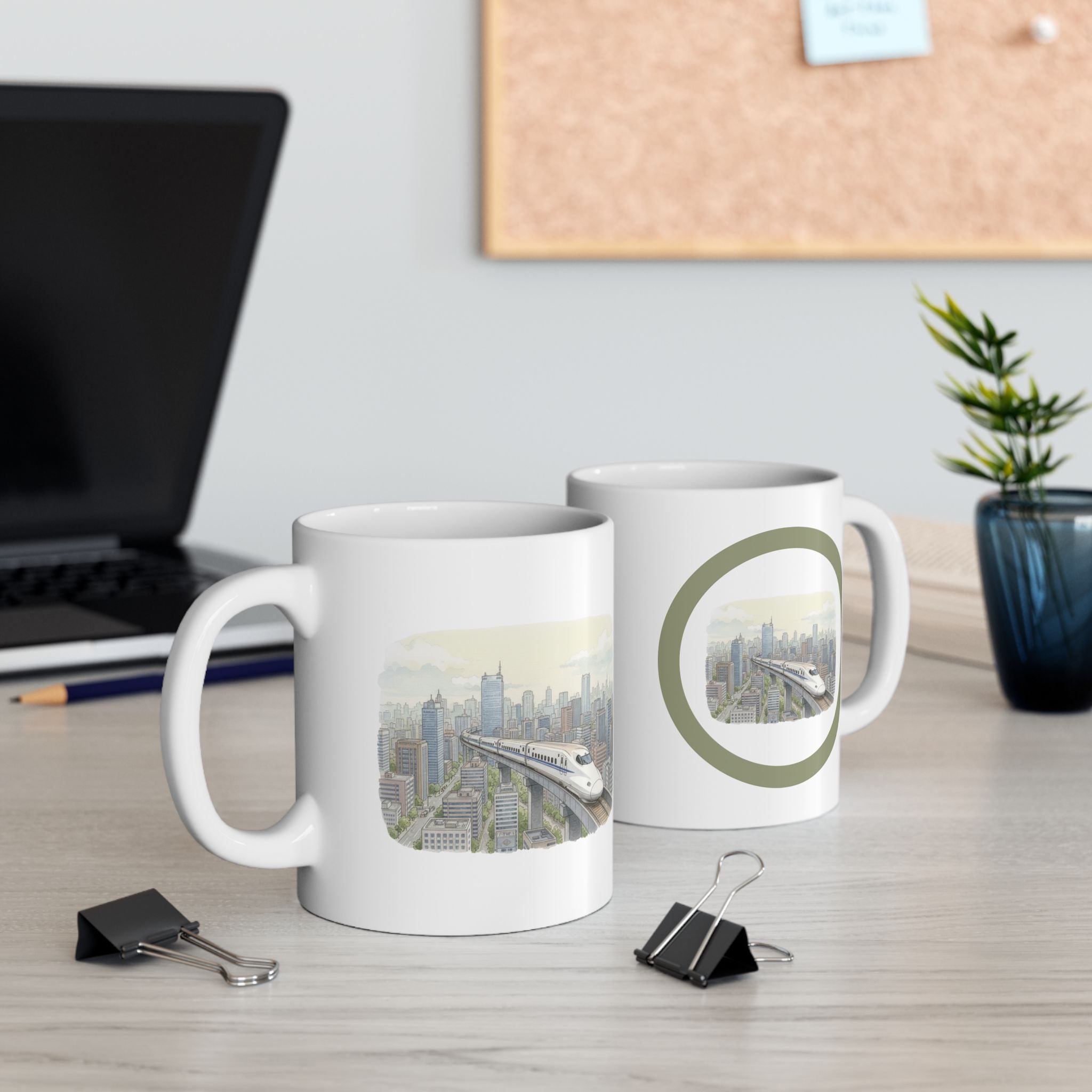 Bullet Train Cityscape Tea Cup – Vintage Skyline White Ceramic Mug (11oz & 15oz)