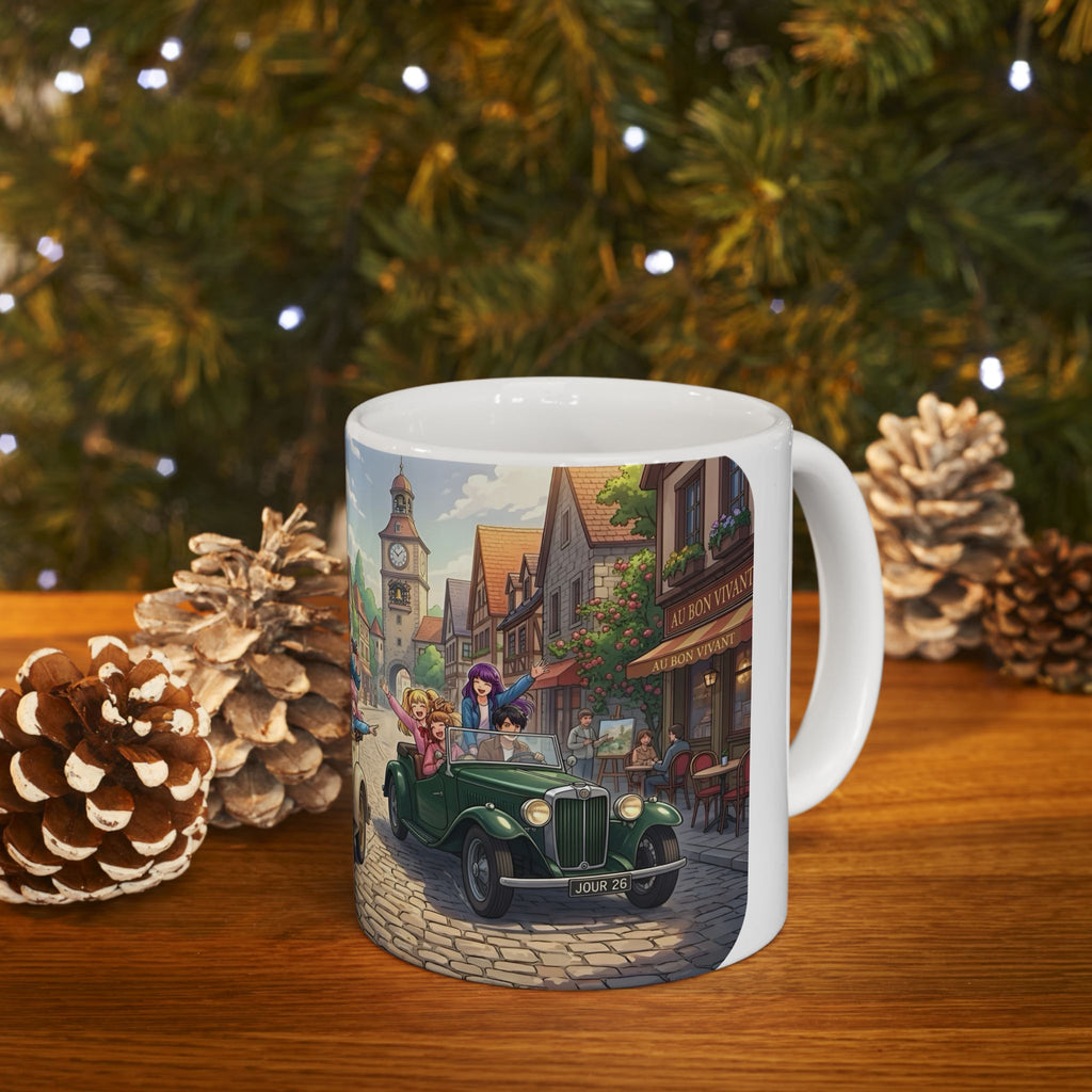 Vintage Village Roadtrip #1 White Ceramic Mug — Classic Cars & Happy Town Friends Cup (11oz, 15oz)